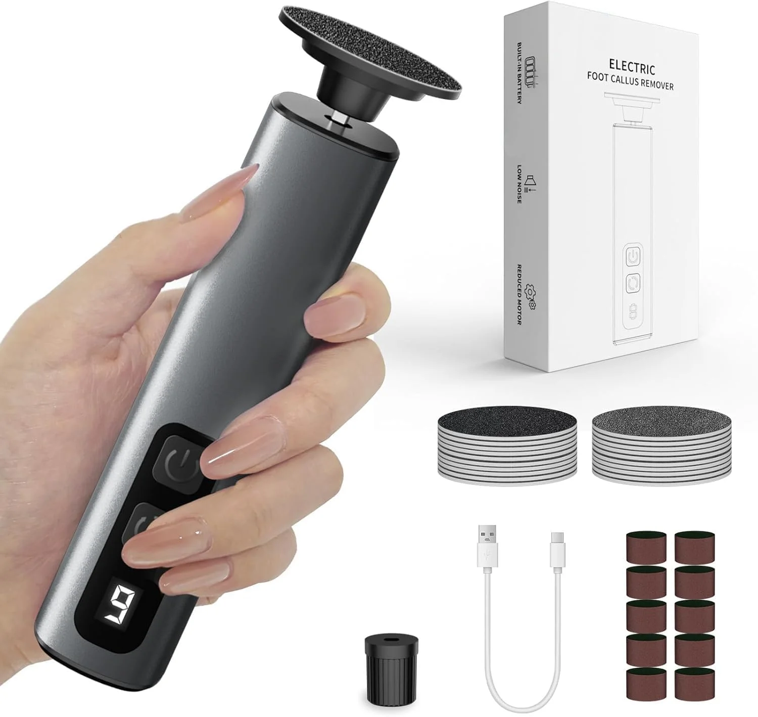 سوهان برقی پا، ابزار پدیکور پوست مرده با 9 سرعت، سوهان حرفه ای پا با دیسک های سمباده ای تعویضی، ابزار پدیکور برای آقایان و بانوان، مشکی