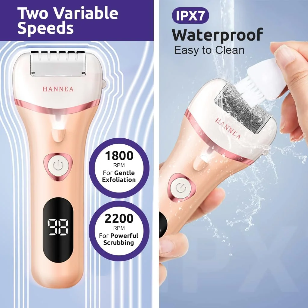 سوهان برقی پینه پا HANNEA® با 3 غلتک سر، چراغ LED، اسکرابر پا برای از بین بردن پینه و پوست مرده، دستگاه پدیکور قابل شارژ، مراقبت از پا، ضد آب