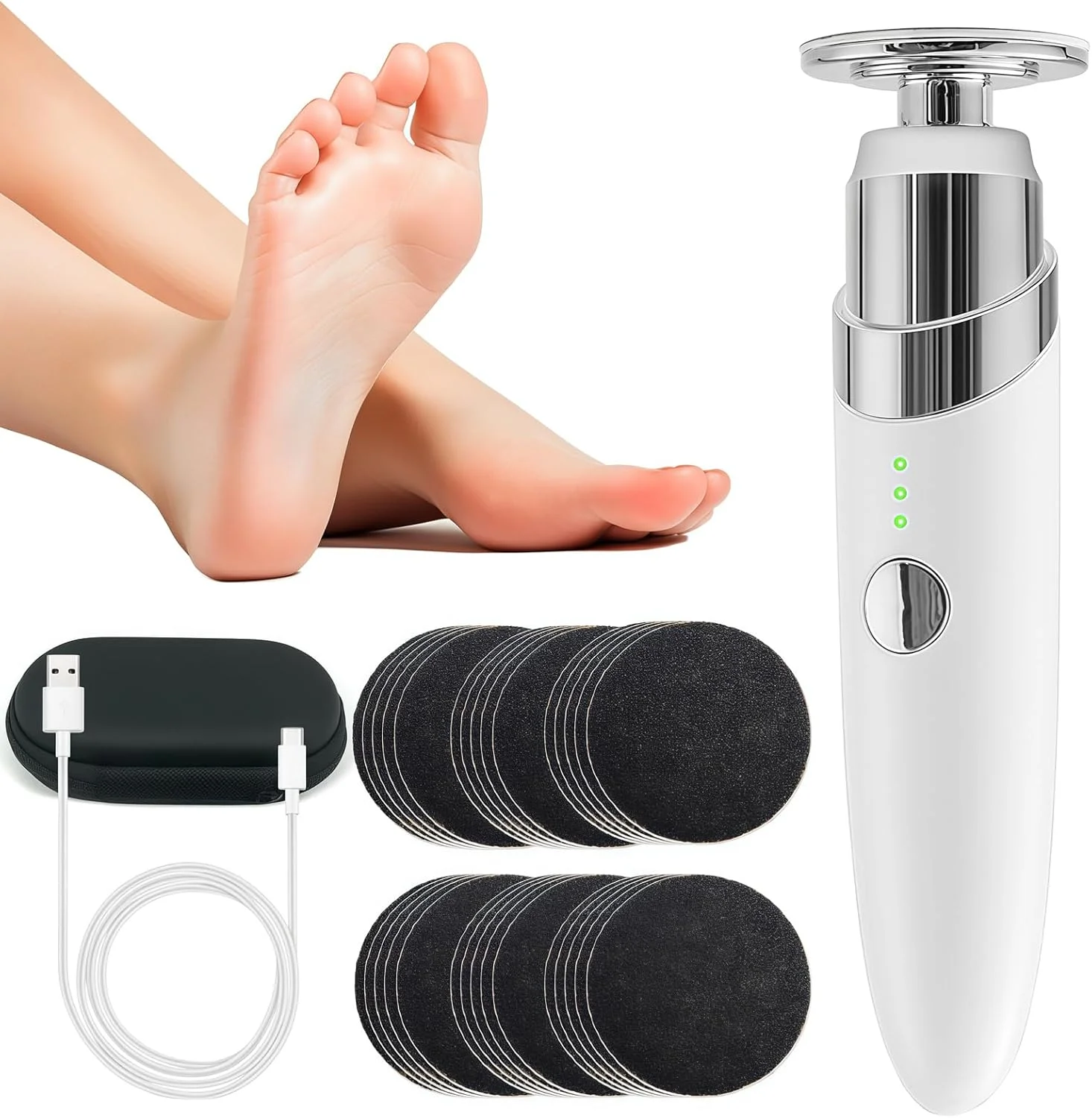 سوهان برقی پدیکور پا، از بین برنده پوست سفت و پینه پا بدون سیم با 30 عدد سمباده و کیف نگهداری، ابزار حرفه ای پدیکور با سرعت قابل تنظیم برای از بین بردن پوست مرده پا