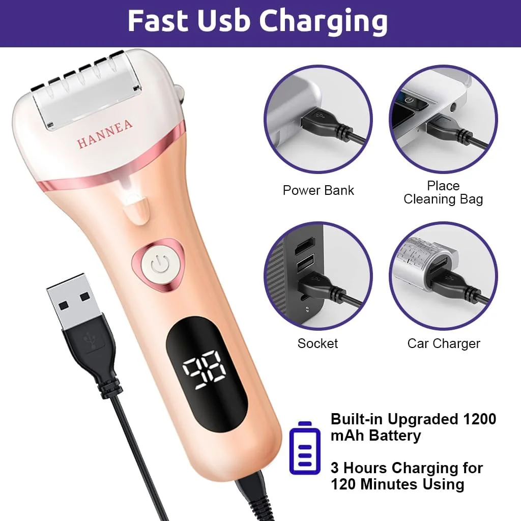 سوهان برقی پینه پا HANNEA® با 3 غلتک سر، چراغ LED، اسکرابر پا برای از بین بردن پینه و پوست مرده، دستگاه پدیکور قابل شارژ، مراقبت از پا، ضد آب