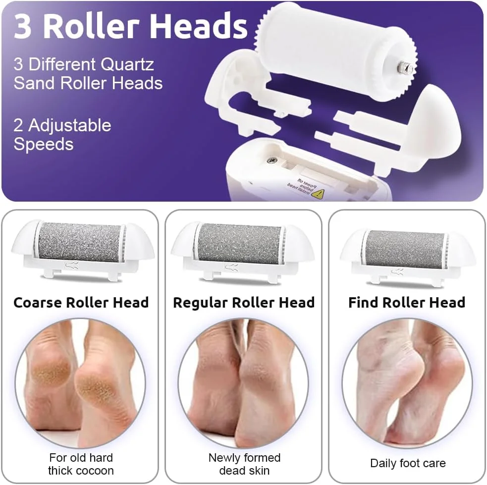 سوهان برقی پینه پا HANNEA® با 3 غلتک سر، چراغ LED، اسکرابر پا برای از بین بردن پینه و پوست مرده، دستگاه پدیکور قابل شارژ، مراقبت از پا، ضد آب