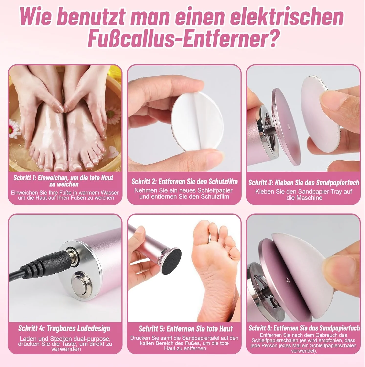 سوهان برقی پینه پا، سوهان پینه شارژی، سوهان برقی پینه پا، غلطک های تعویض پا، لایه بردار پا، صورتی، زیبایی پا با دوشاخه USB