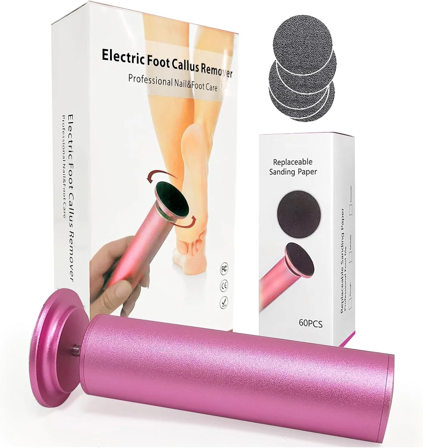سوهان برقی پا، ابزار حرفه ای پدیکور با 60 کاغذ سمباده، صورتی