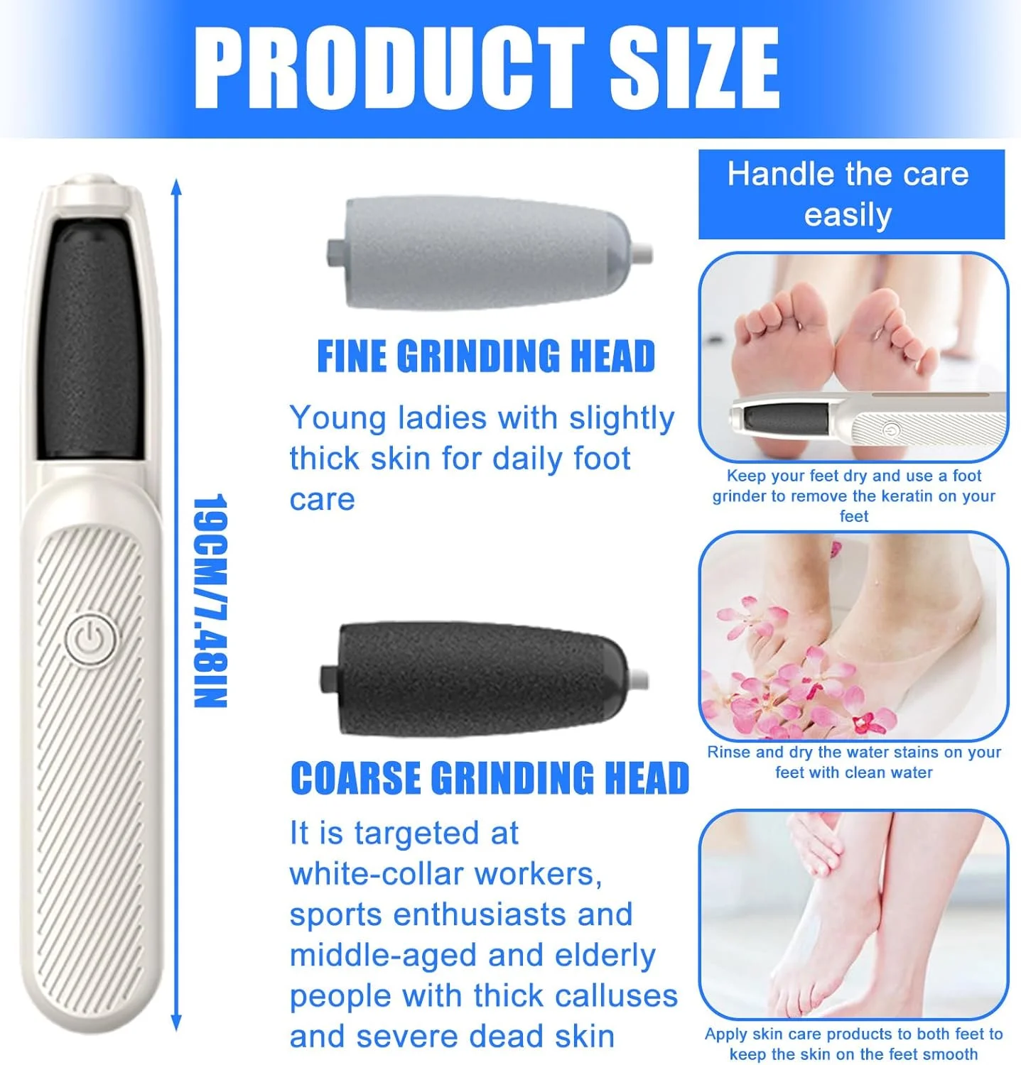 سوهان برقی پا، ست پدیکور برقی قابل شارژ، مراقبت از پا، برقی 3 سرعته با 4 سوهان پا قابل تعویض برای پینه، میخچه و ترک پاشنه