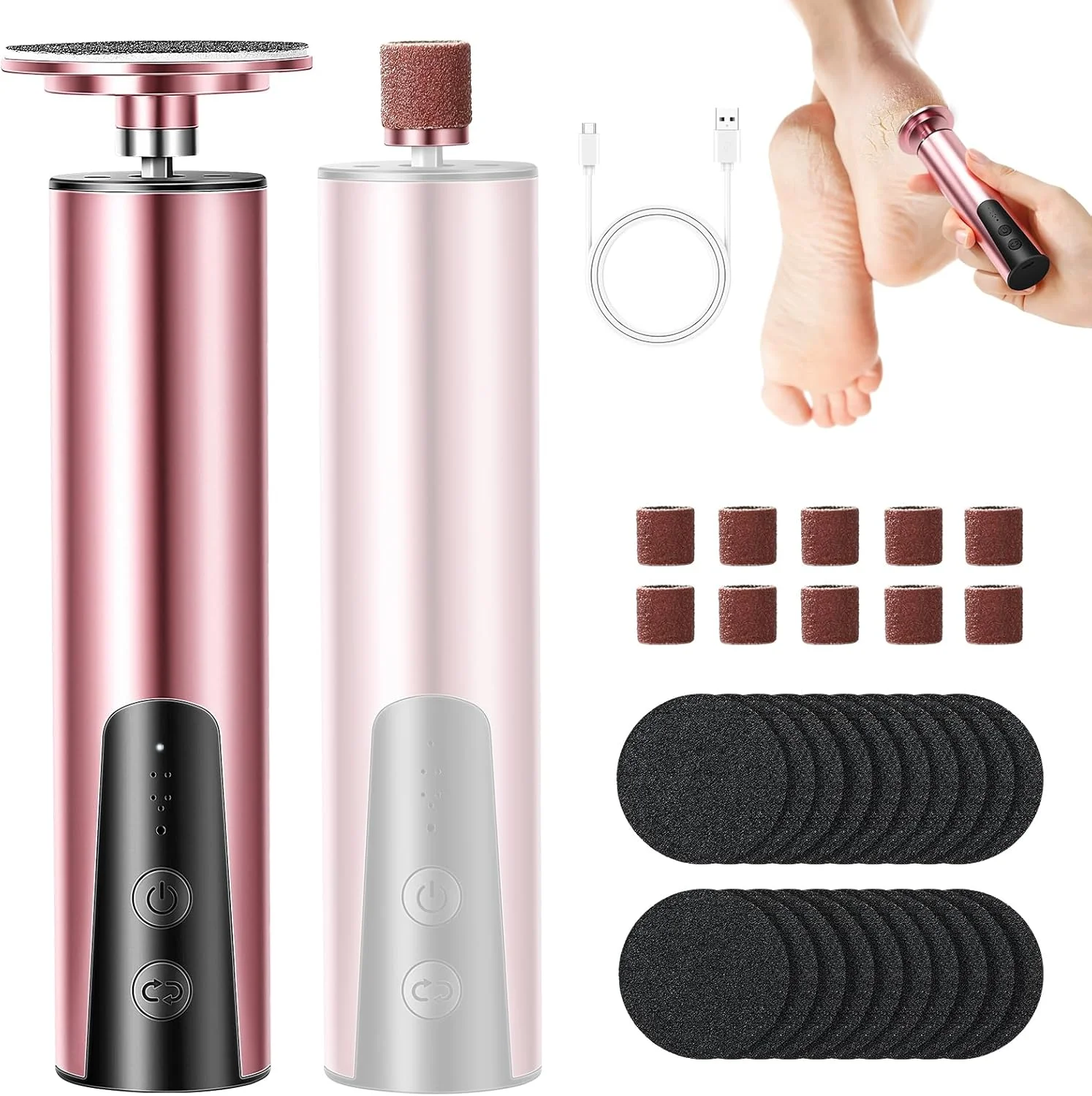 سوهان برقی پینه پا 2 در 1، ست سوهان برقی شارژی پا با سرهای قابل تعویض، 6 سرعت برای پاشنه های ترک خورده، پینه و پوست مرده (طلایی)