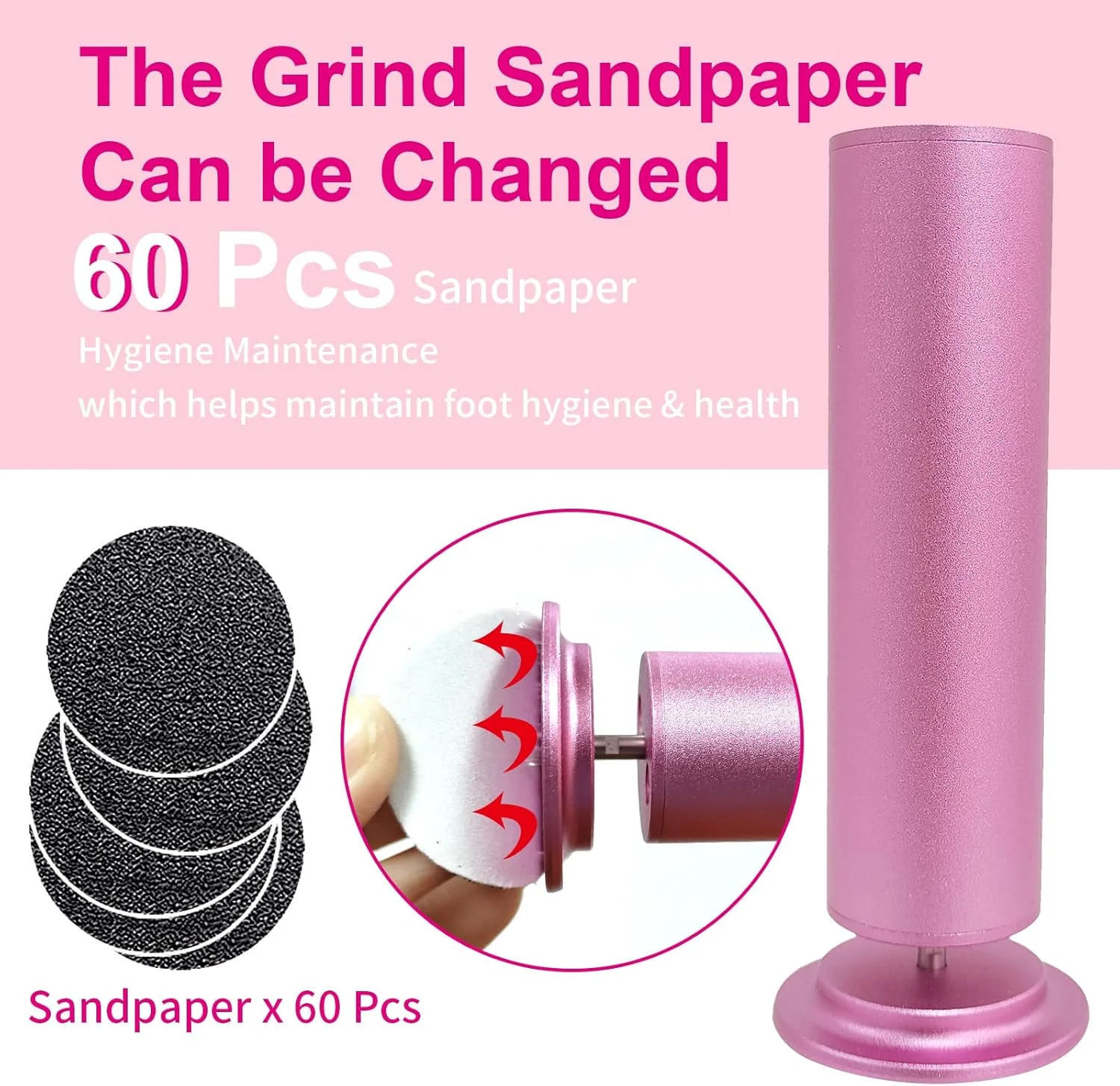 سوهان برقی پا، ابزار حرفه ای پدیکور با 60 کاغذ سمباده، صورتی