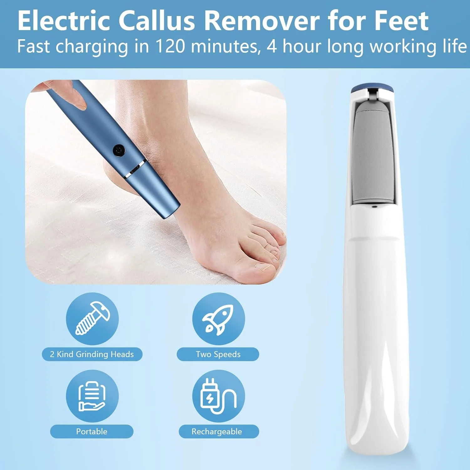 سوهان برقی پدیکور پا، سوهان برقی از بین برنده پینه پا، سمباده برقی پا، لایه بردار شارژی پا، ست پدیکور قوی برای پوست های مرده، ضخیم و پاشنه های ترک خورده