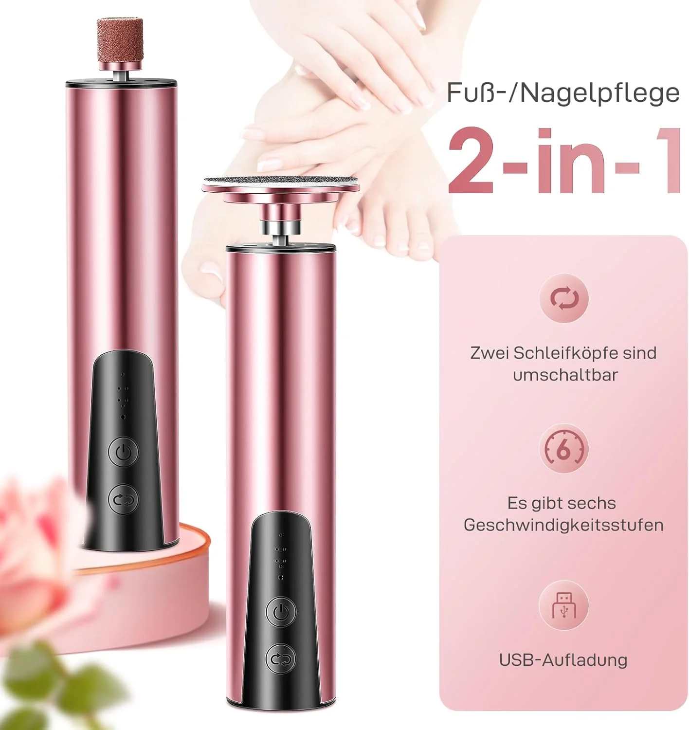 سوهان برقی پینه پا 2 در 1، ست سوهان برقی شارژی پا با سرهای قابل تعویض، 6 سرعت برای پاشنه های ترک خورده، پینه و پوست مرده (طلایی)