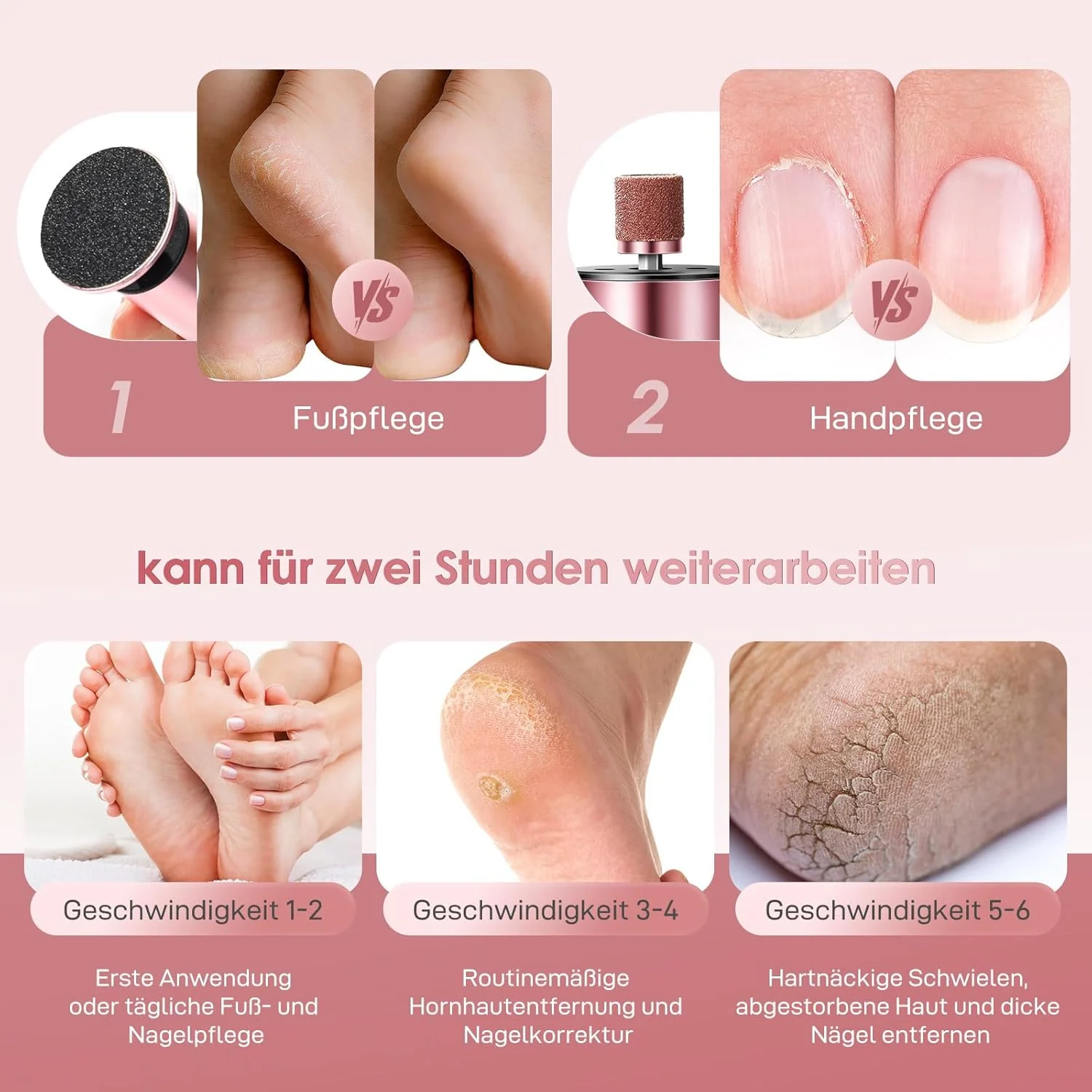 سوهان برقی پینه پا 2 در 1، ست سوهان برقی شارژی پا با سرهای قابل تعویض، 6 سرعت برای پاشنه های ترک خورده، پینه و پوست مرده (طلایی)