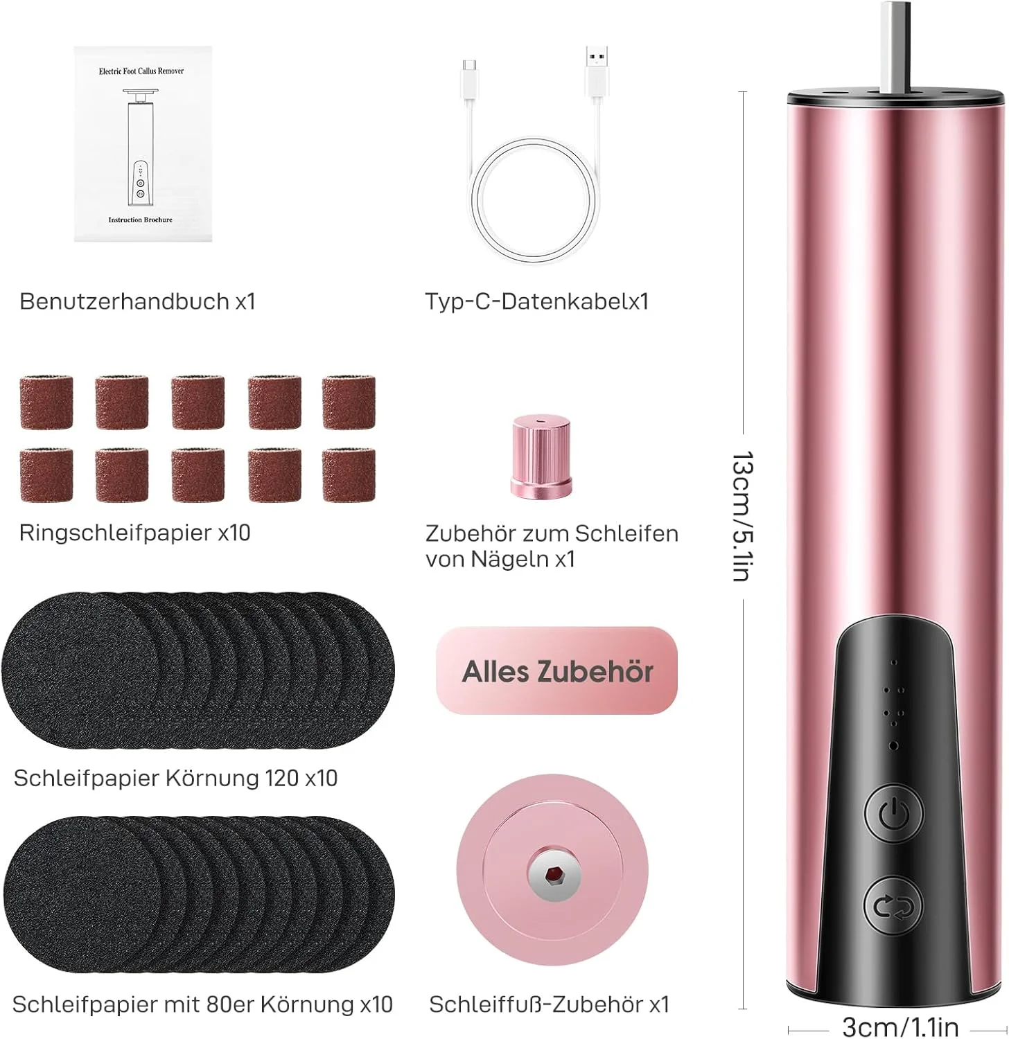 سوهان برقی پینه پا 2 در 1، ست سوهان برقی شارژی پا با سرهای قابل تعویض، 6 سرعت برای پاشنه های ترک خورده، پینه و پوست مرده (طلایی)