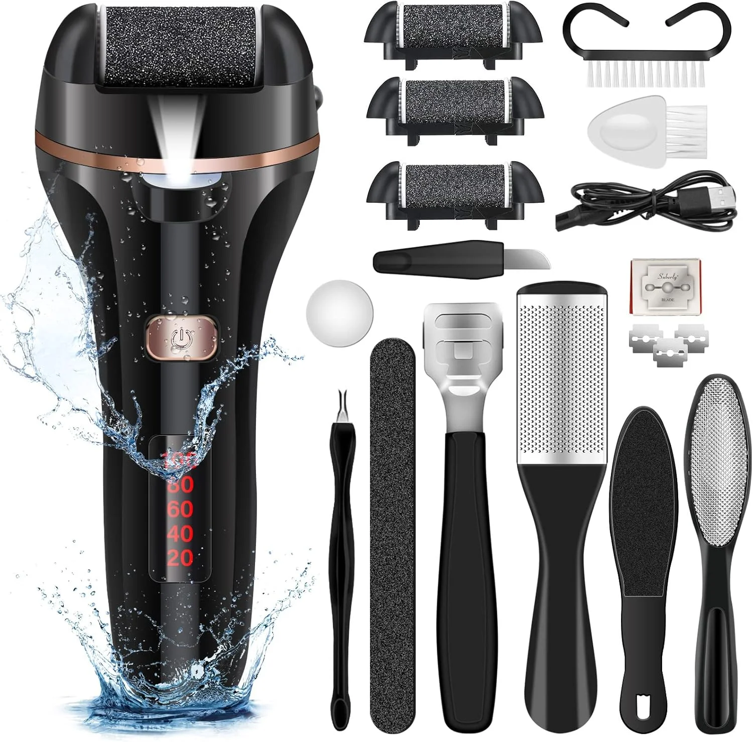 سوهان برقی پا، ابزار پدیکور شارژی برای مراقبت از پا، کیت از بین برنده پینه پا با 3 غلتک، 2 سرعت، نمایشگر باتری برای از بین بردن پینه های ترک خورده و پوست سخت