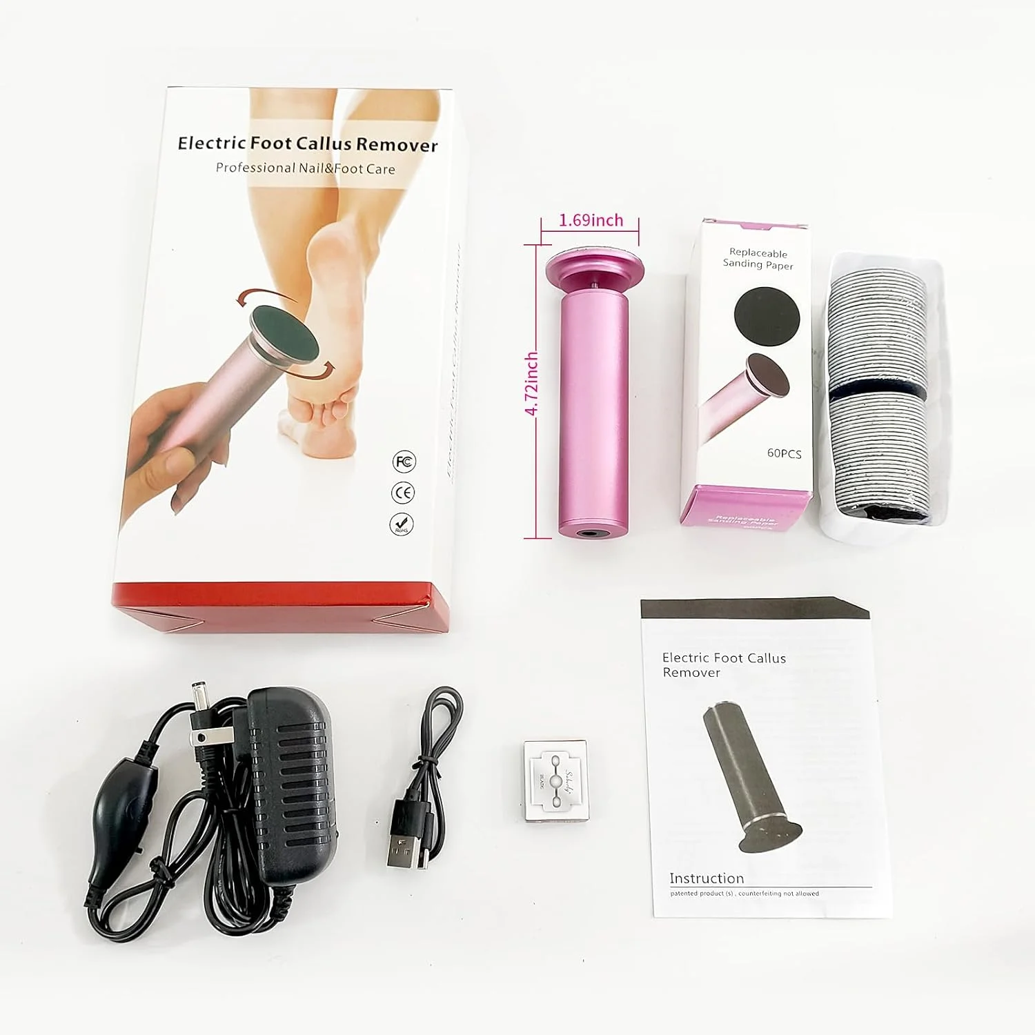 سوهان برقی پا، ابزار حرفه ای پدیکور با 60 کاغذ سمباده، صورتی