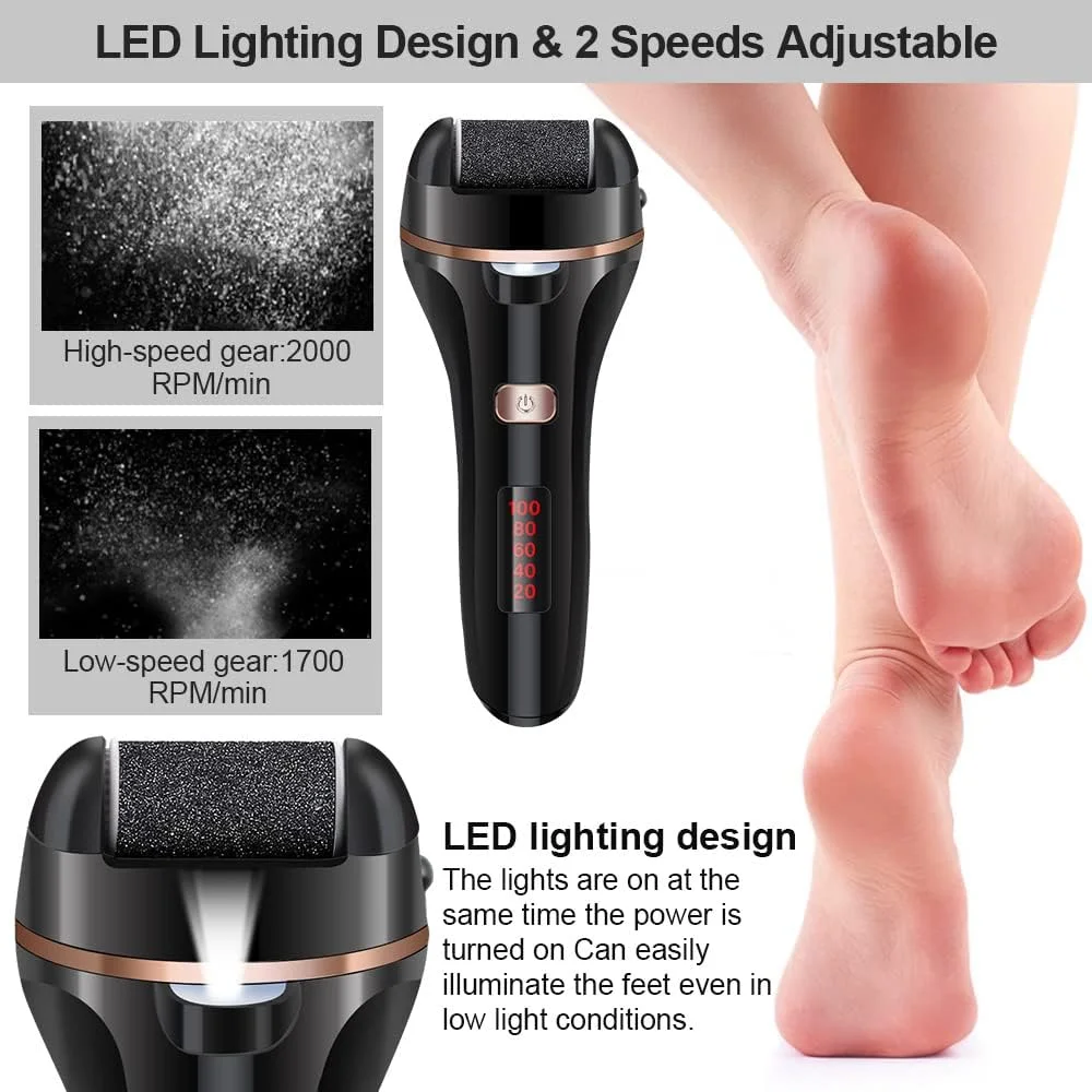سوهان برقی پا، ابزار پدیکور شارژی برای مراقبت از پا، کیت از بین برنده پینه پا با 3 غلتک، 2 سرعت، نمایشگر باتری برای از بین بردن پینه های ترک خورده و پوست سخت