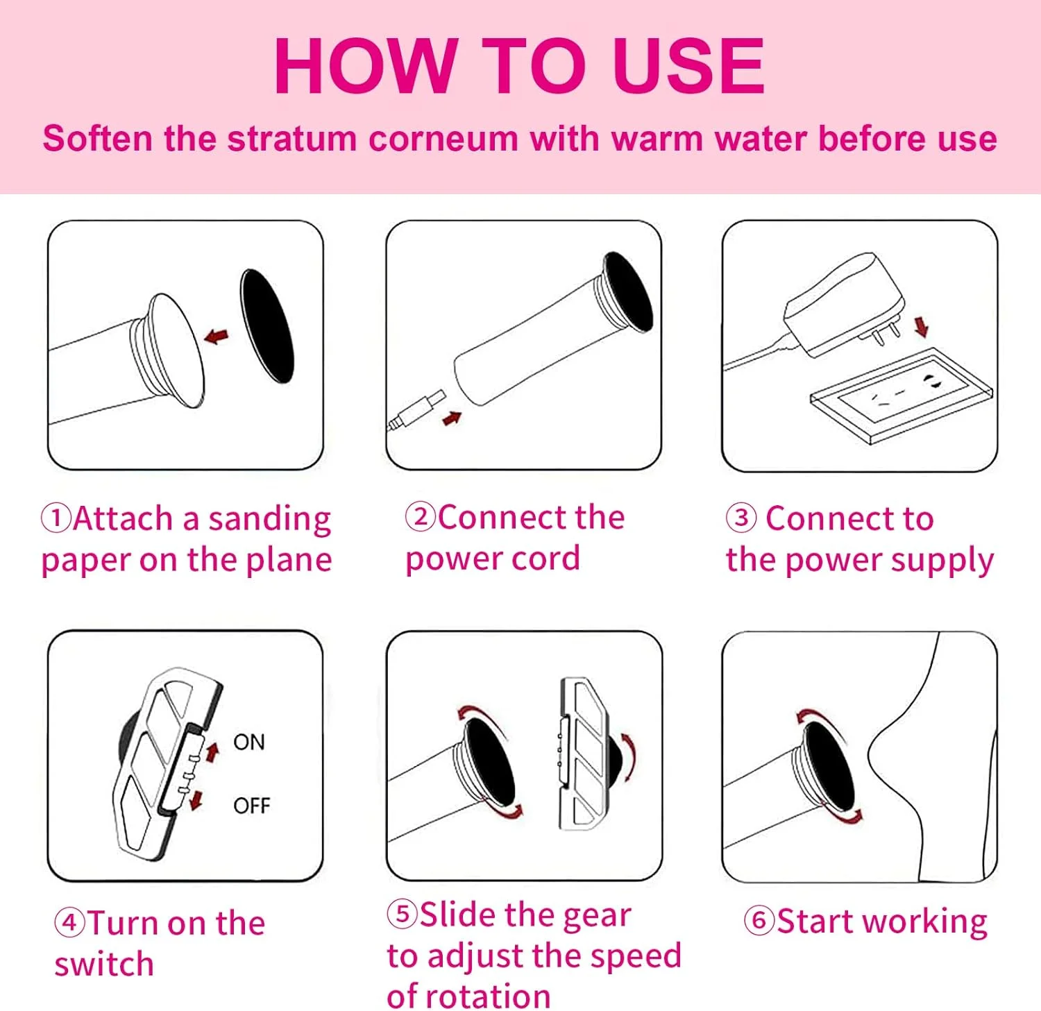 سوهان برقی پا، ابزار حرفه ای پدیکور با 60 کاغذ سمباده، صورتی