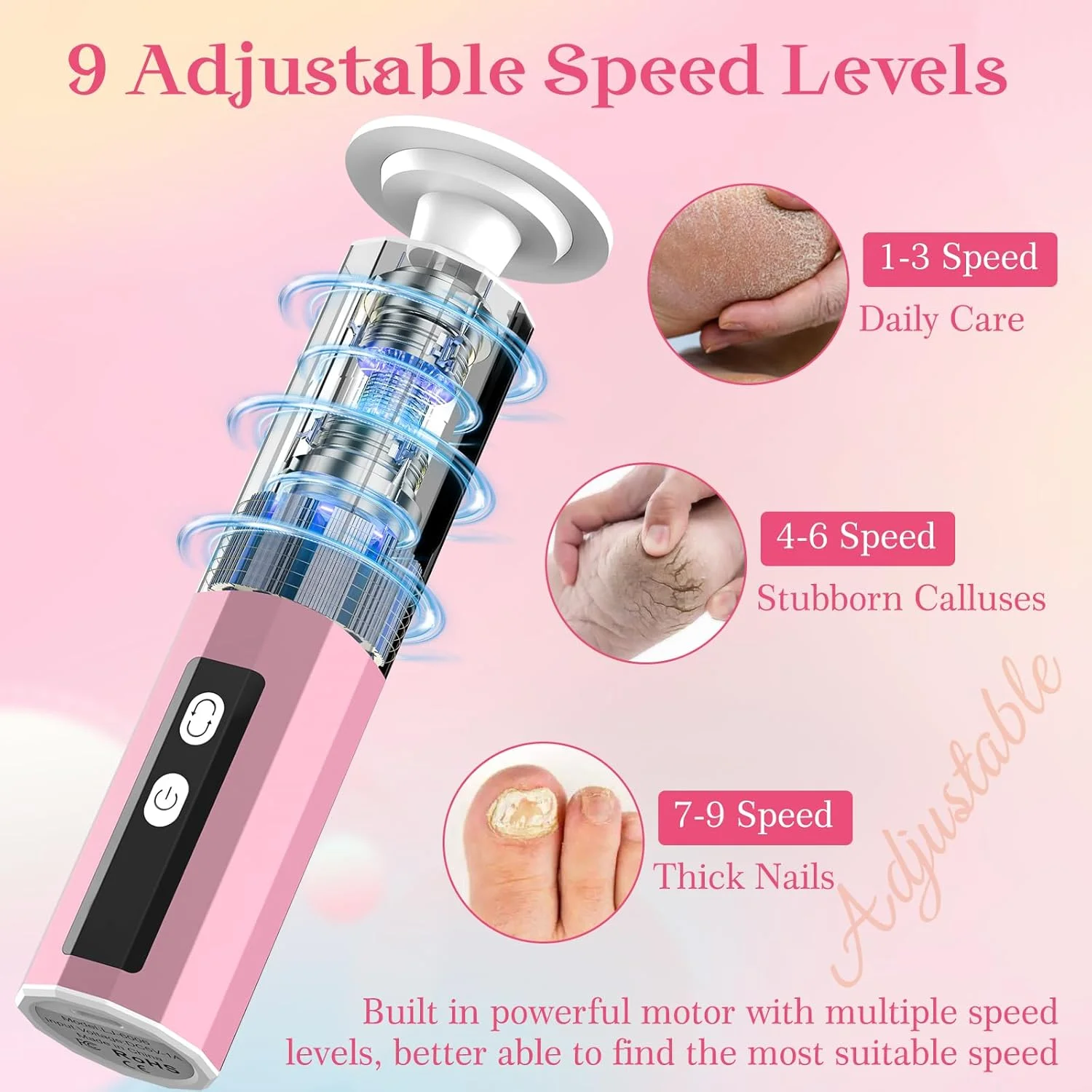 سوهان برقی پینه پا 2 در 1، مجموعه سوهان برقی قابل شارژ پا با سرهای قابل تعویض، 9 سرعت برای پاشنه های ترک خورده، پینه و پوست مرده