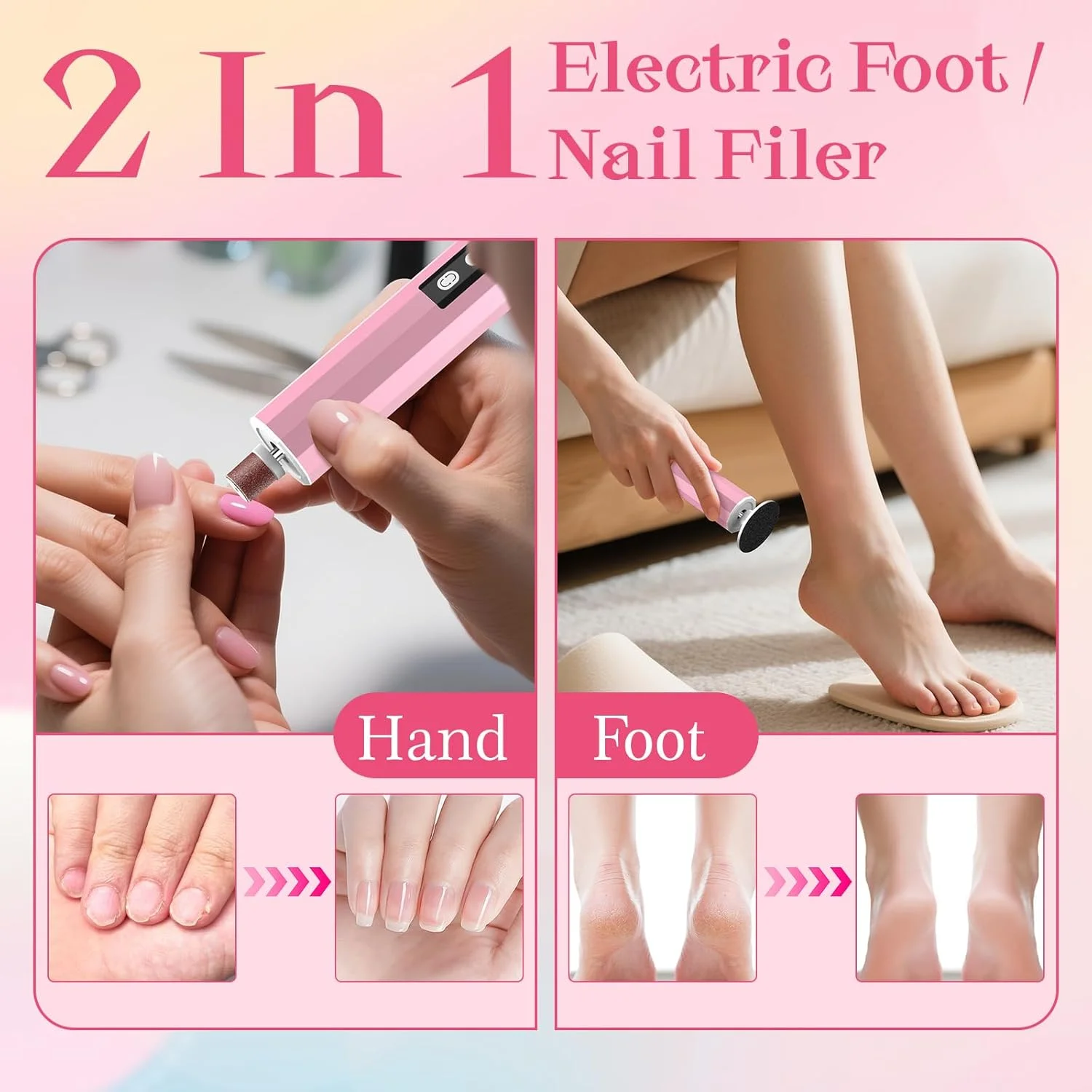 سوهان برقی پینه پا 2 در 1، مجموعه سوهان برقی قابل شارژ پا با سرهای قابل تعویض، 9 سرعت برای پاشنه های ترک خورده، پینه و پوست مرده