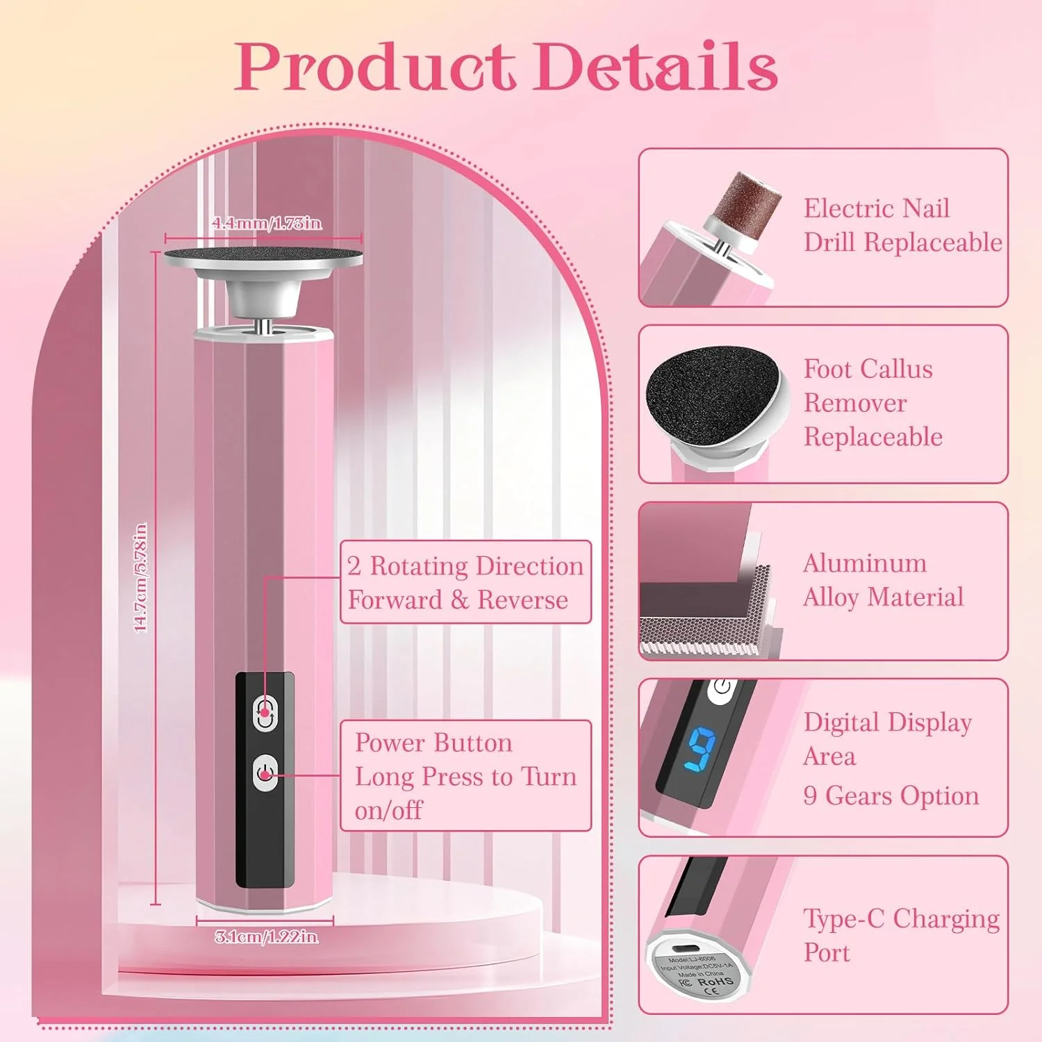 سوهان برقی پینه پا 2 در 1، مجموعه سوهان برقی قابل شارژ پا با سرهای قابل تعویض، 9 سرعت برای پاشنه های ترک خورده، پینه و پوست مرده