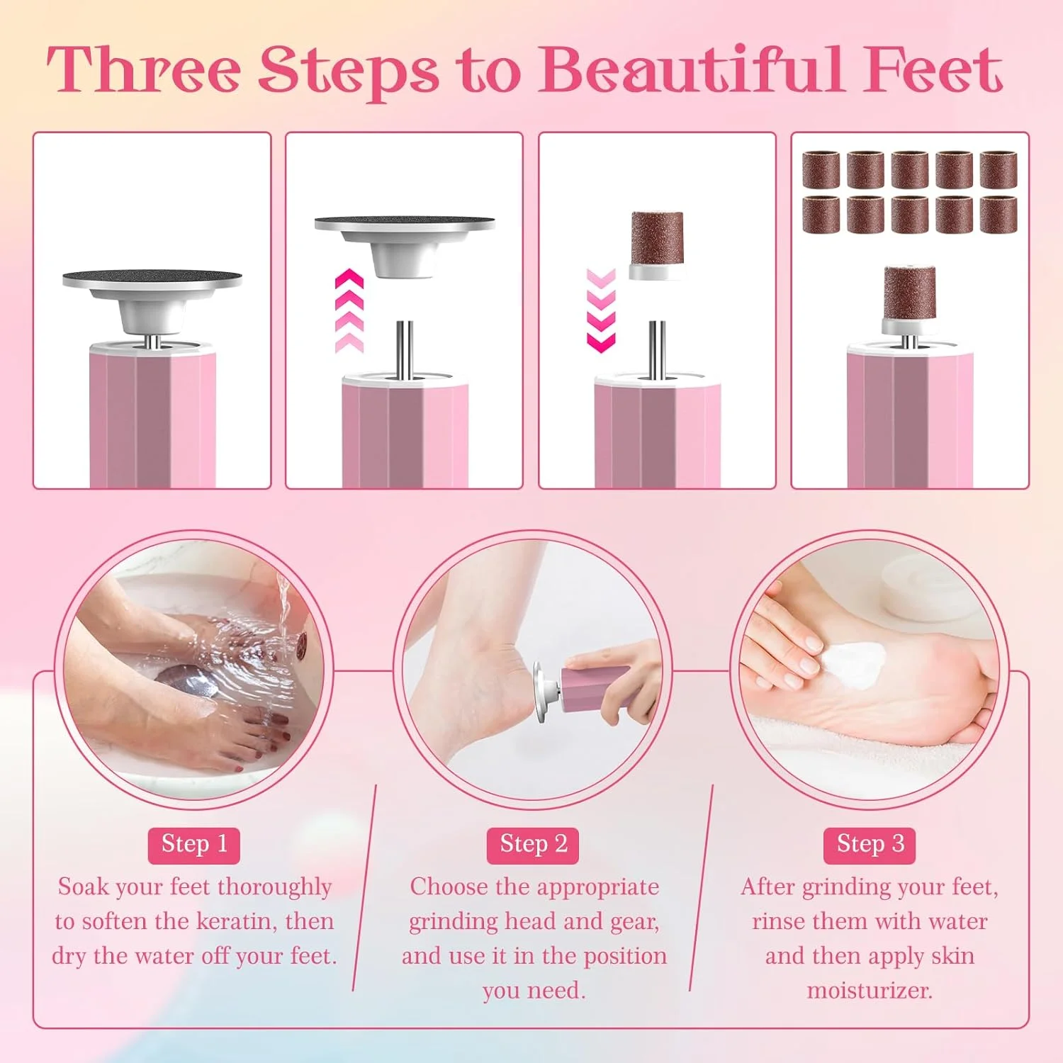 سوهان برقی پینه پا 2 در 1، مجموعه سوهان برقی قابل شارژ پا با سرهای قابل تعویض، 9 سرعت برای پاشنه های ترک خورده، پینه و پوست مرده