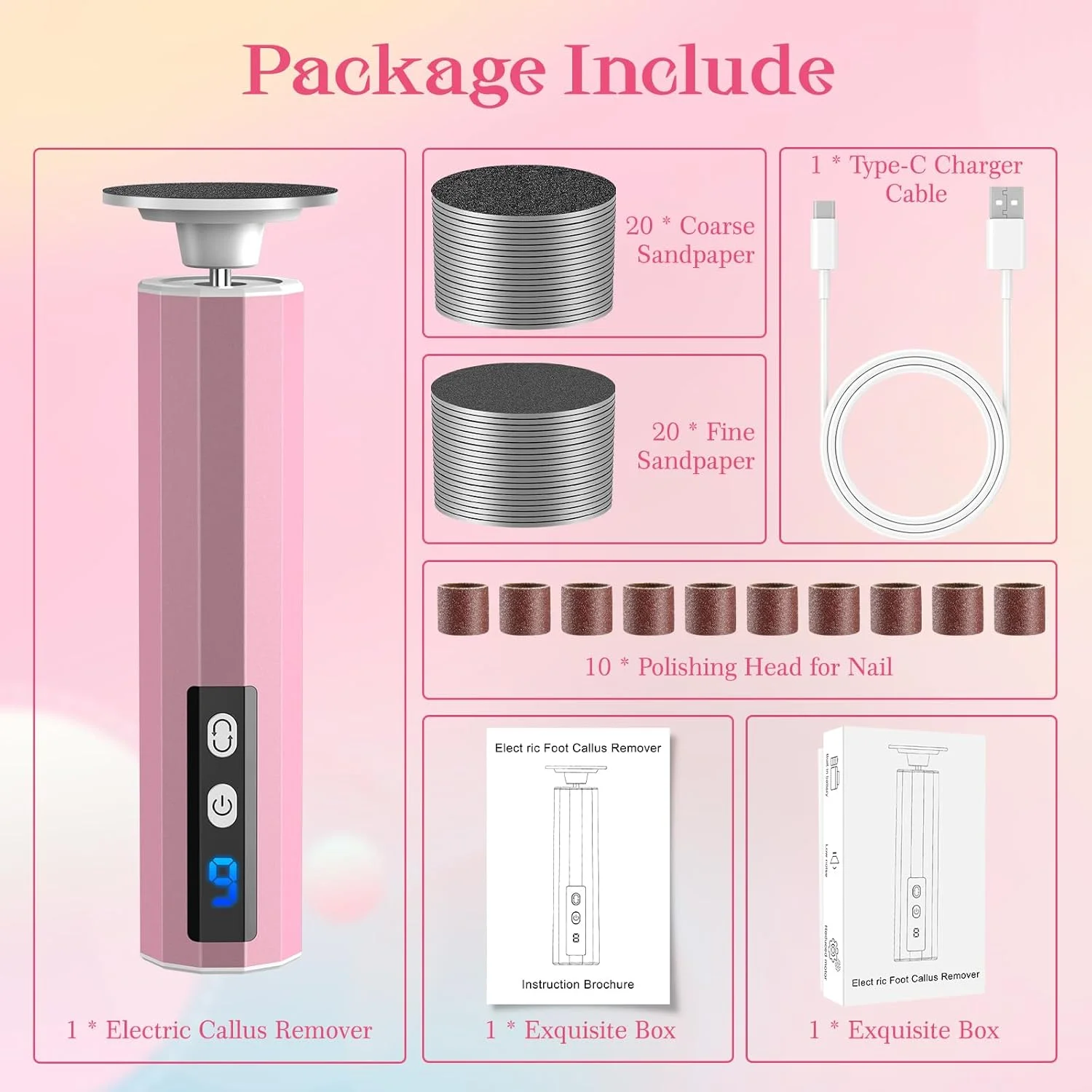 سوهان برقی پینه پا 2 در 1، مجموعه سوهان برقی قابل شارژ پا با سرهای قابل تعویض، 9 سرعت برای پاشنه های ترک خورده، پینه و پوست مرده