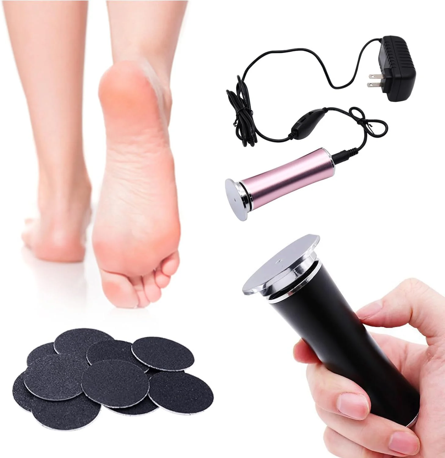 سوهان برقی پا، از بین برنده پینه بدون درد به همراه 60 عدد دیسک سمباده ای جایگزین برای از بین بردن پوست مرده و ترک پاشنه پا (مشکی)