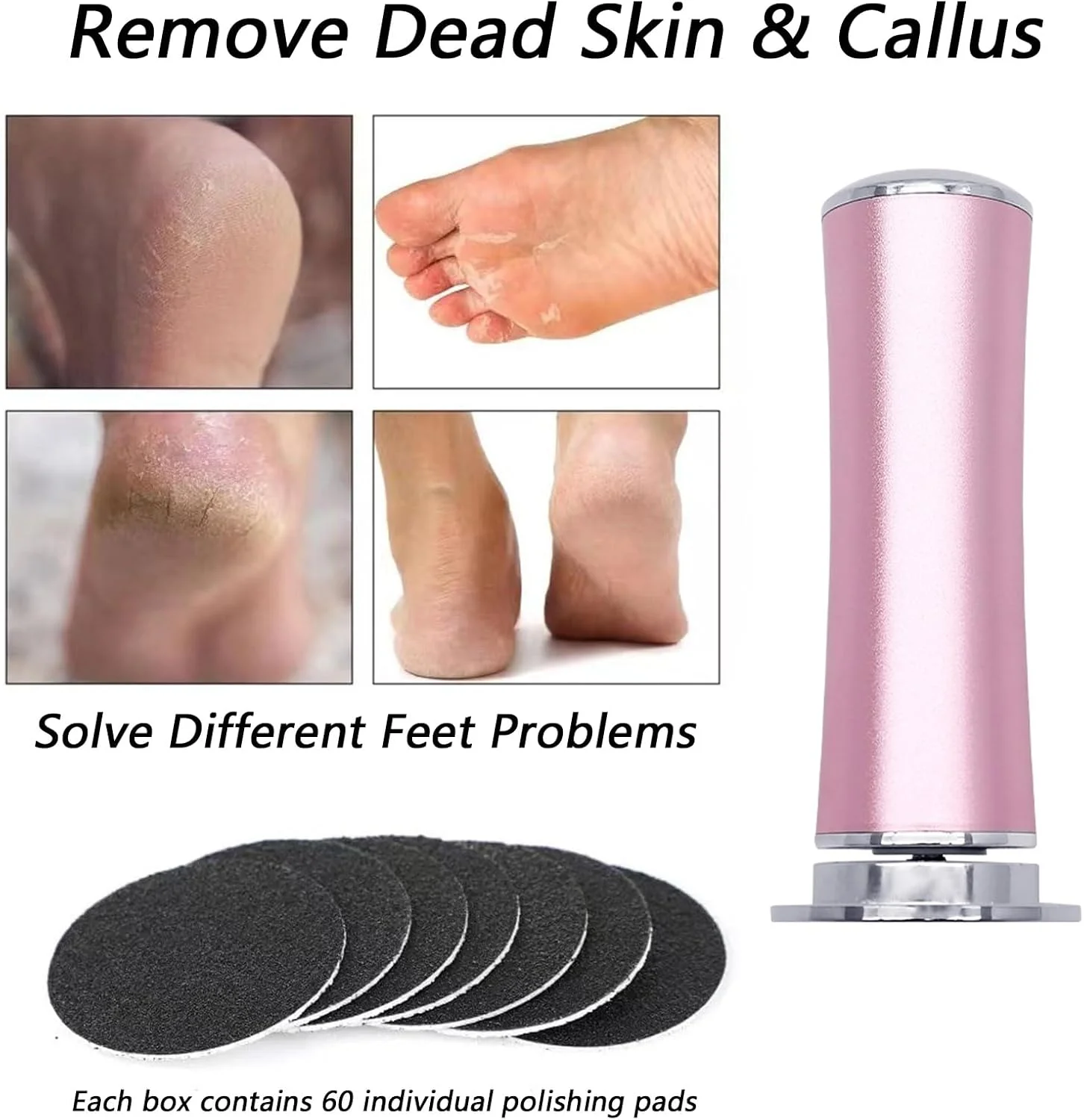 سوهان برقی پا، از بین برنده پینه بدون درد به همراه 60 عدد دیسک سمباده ای جایگزین برای از بین بردن پوست مرده و ترک پاشنه پا (مشکی)