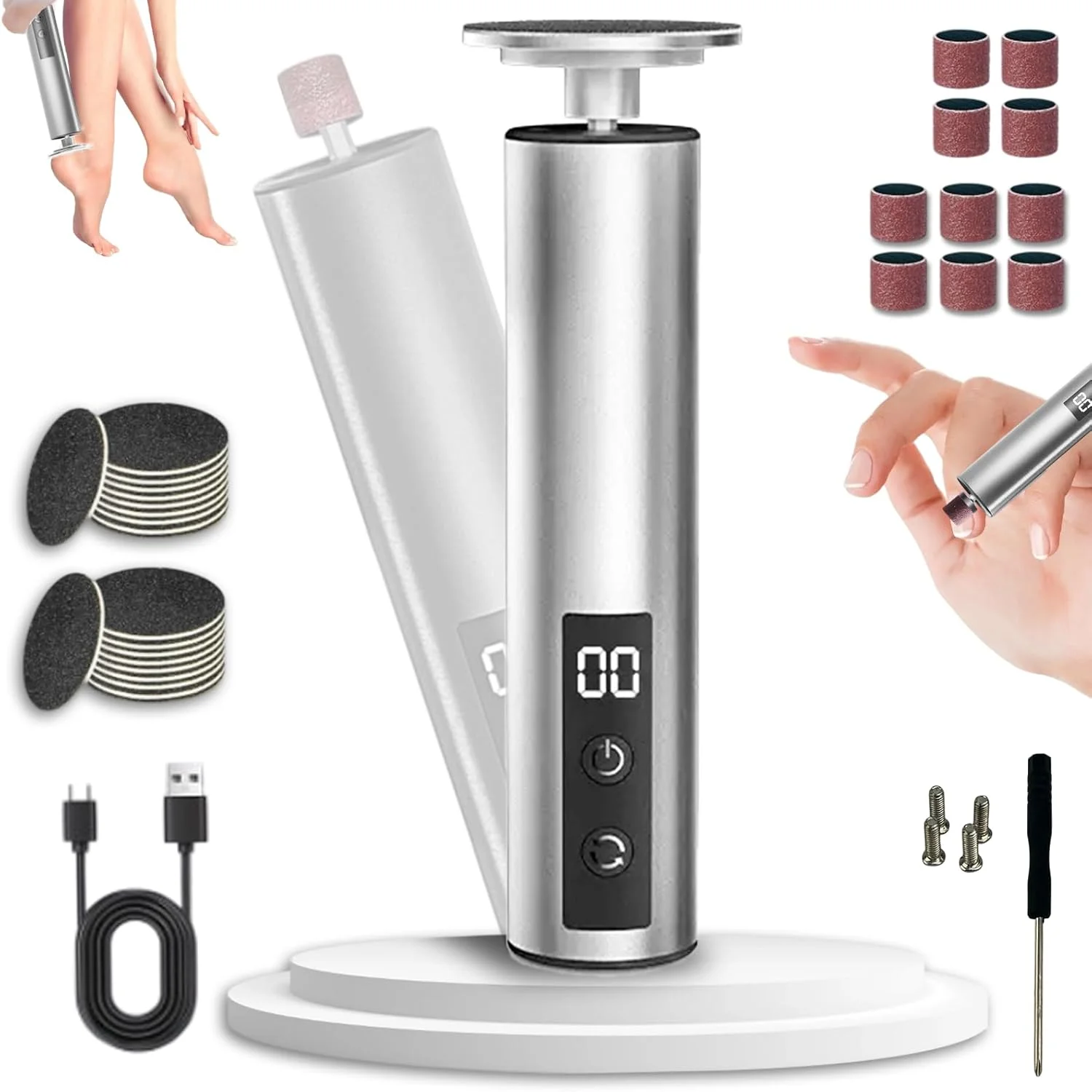 2-in-1 Electric Callus Remover for Feet with LED Display and 3 Levels Rechargeable Foot Care Device Pedicure Set with Sanding Plate for Dead Hard Cracked Skin (Silver)