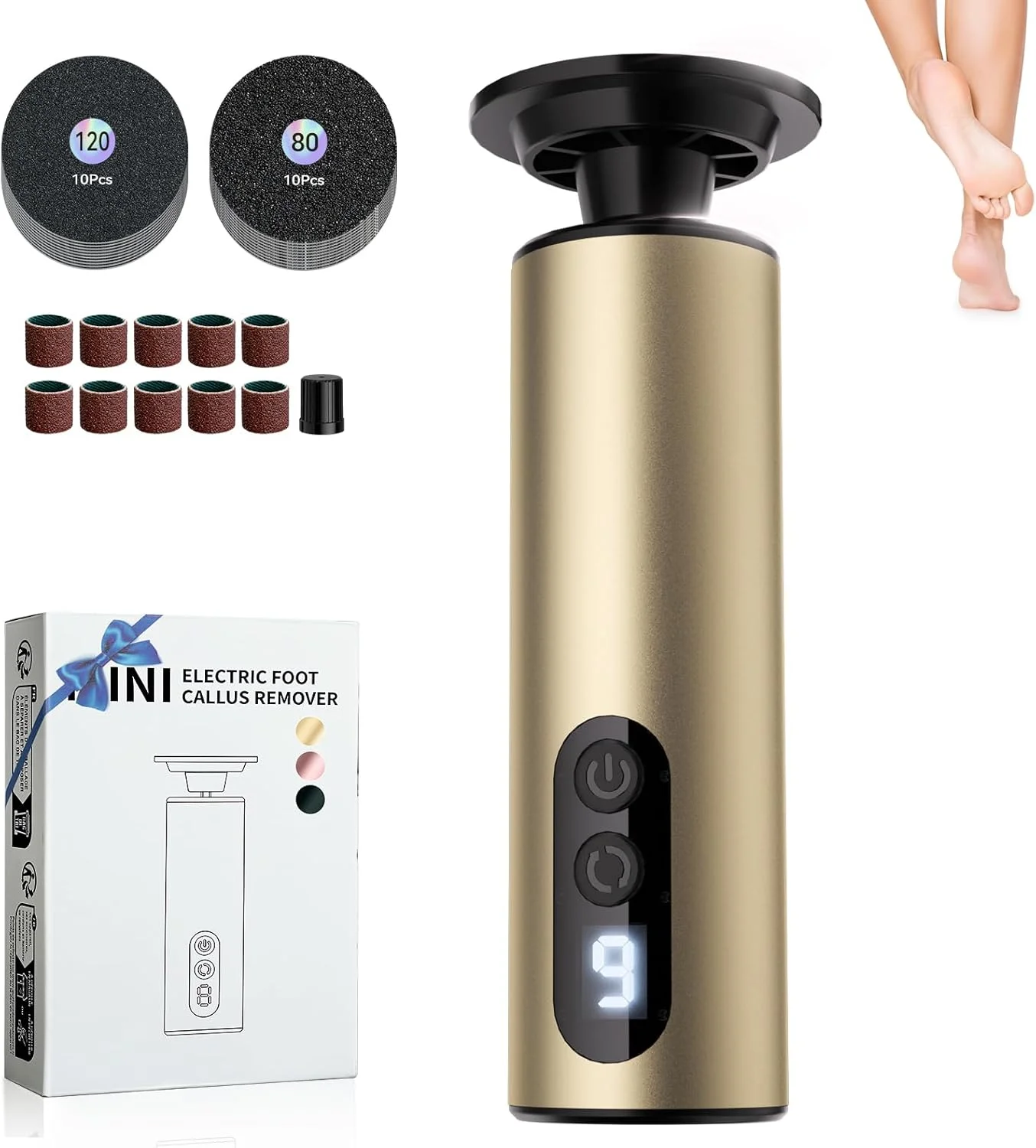 سوهان برقی پینه LOZLTX، بدون پینه/بدون ترک، سوهان برقی پا، فناوری حسگر پا، برای پوست های ترک خورده و سفت (طلایی)