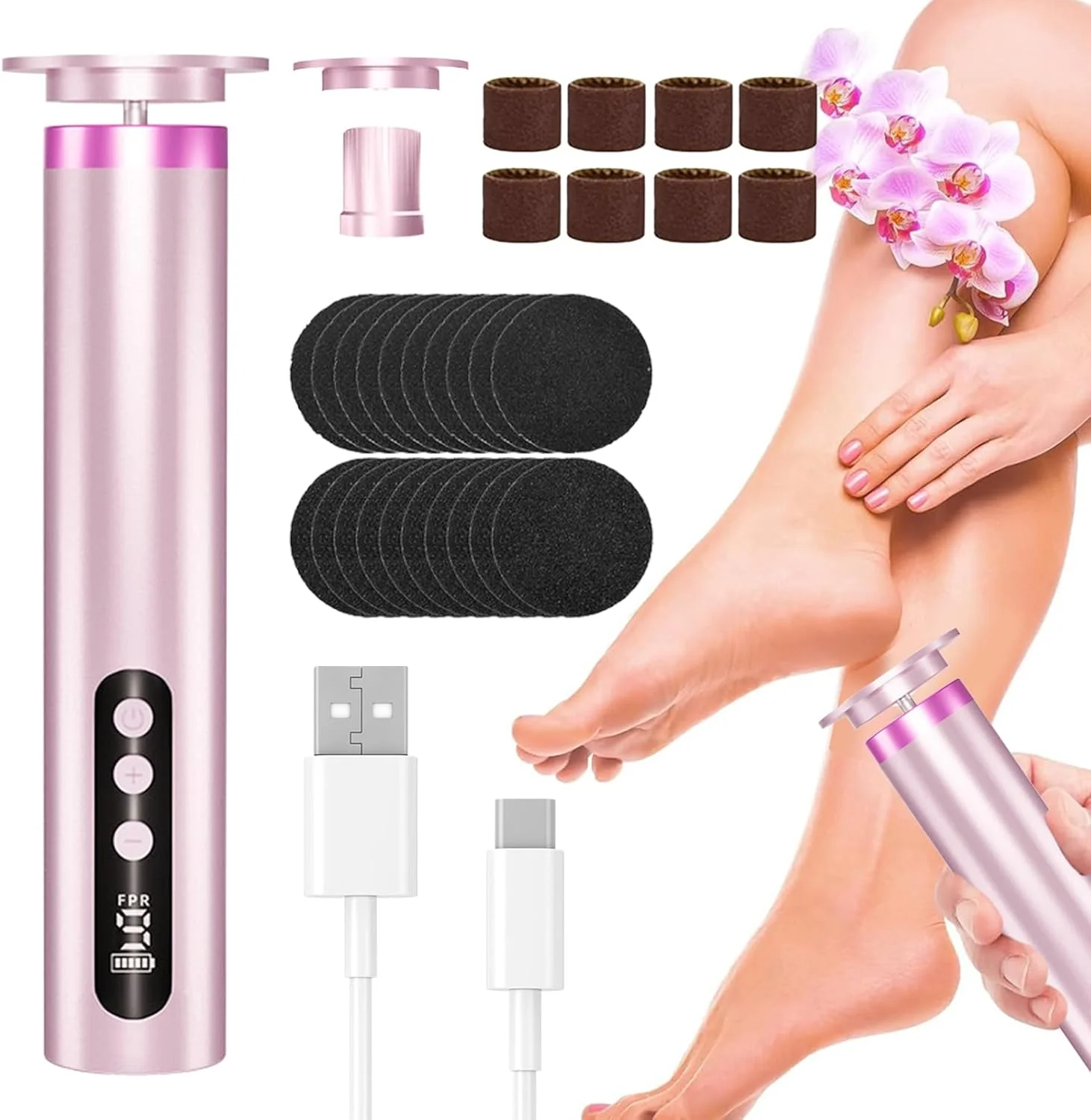 2-in-1 Electric Callus Remover for Feet, 9 Speeds Adjustable with Battery Indicator, Callus Removal Foot Pedicure Set with Sanding Disc for Dry and Cracked People (Pink)