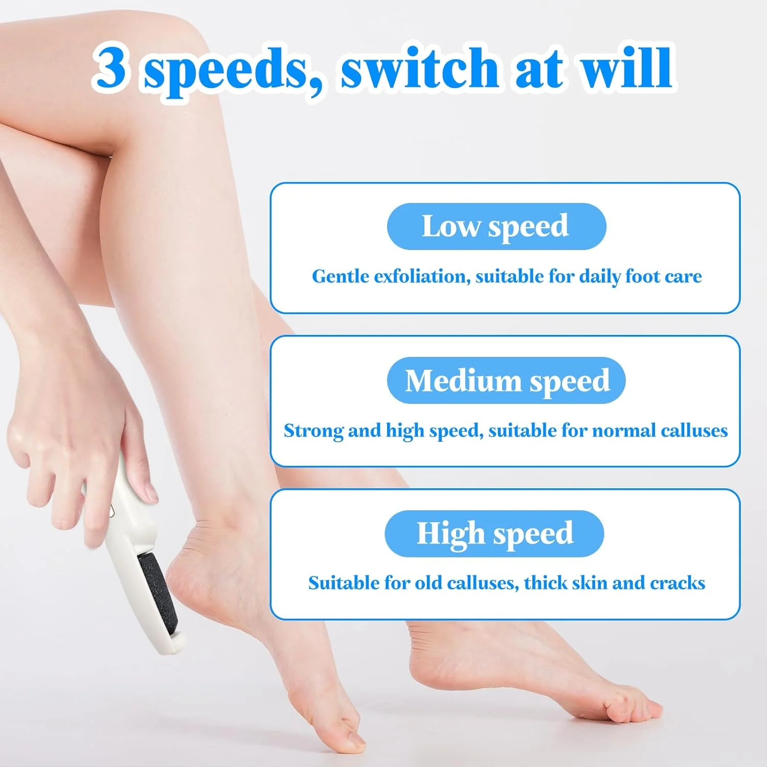 سوهان برقی پینه پا، سوهان برقی پا، دارای کابل شارژ USB، 4 سوهان قابل تعویض، ست پدیکور، مراقبت از پا، برقی، 3 سرعت، سفید