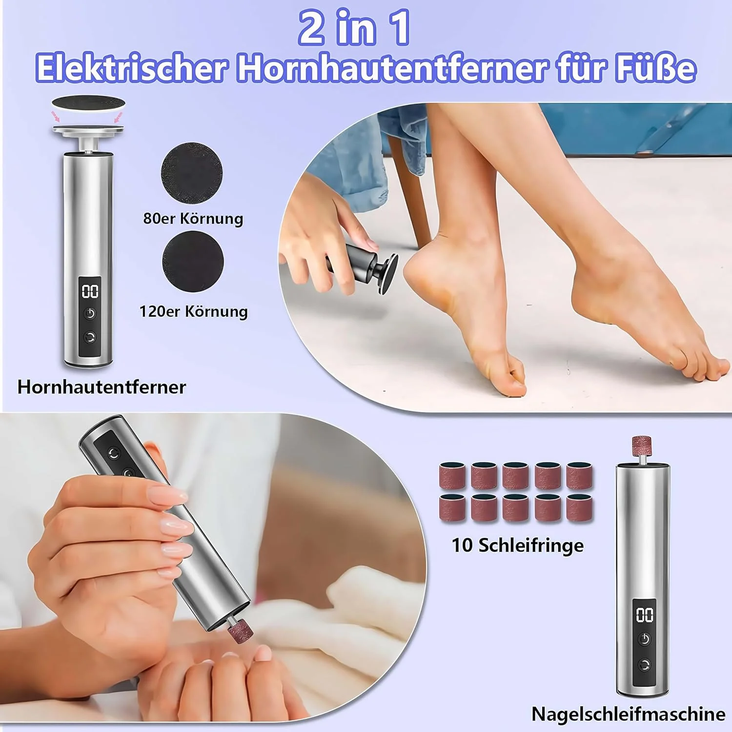 2-in-1 Electric Callus Remover for Feet with LED Display and 3 Levels Rechargeable Foot Care Device Pedicure Set with Sanding Plate for Dead Hard Cracked Skin (Silver)