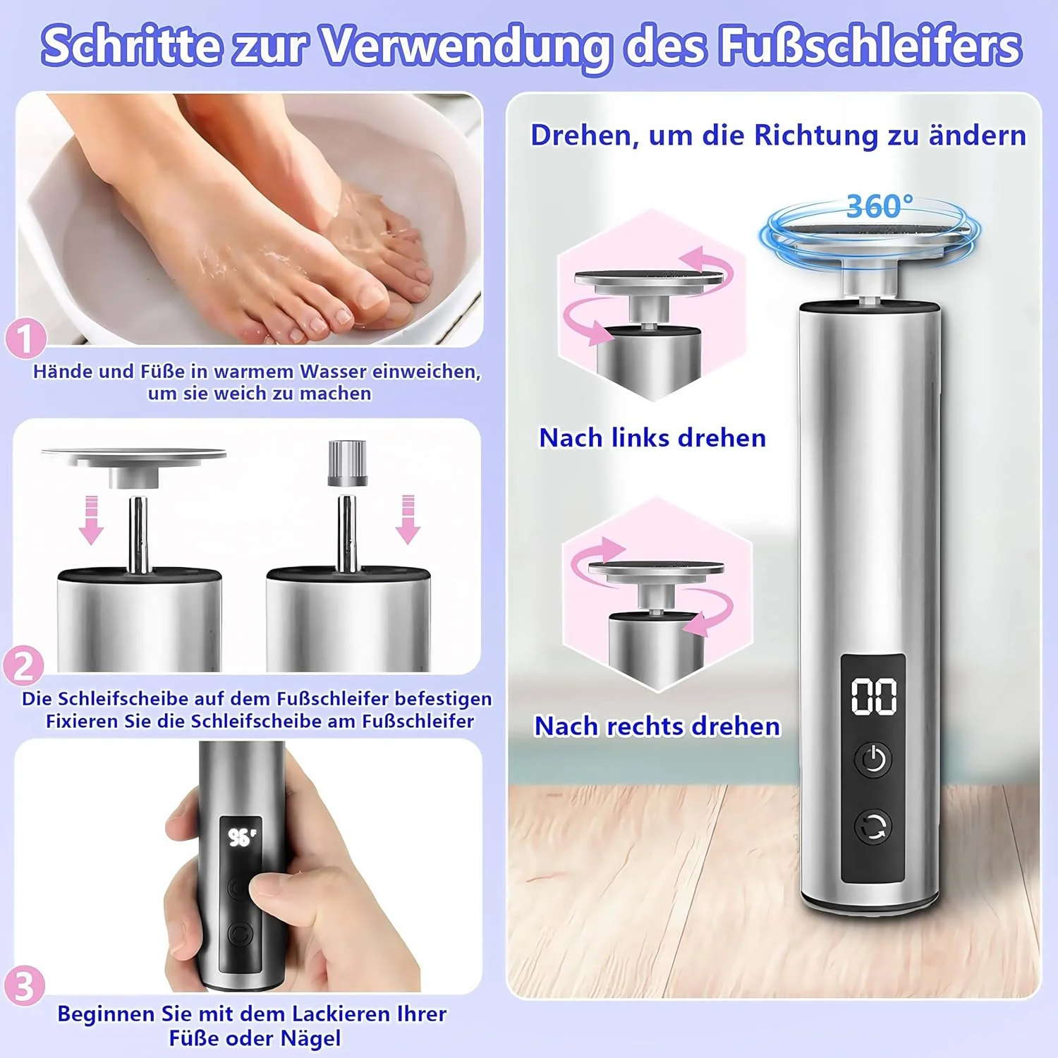 2-in-1 Electric Callus Remover for Feet with LED Display and 3 Levels Rechargeable Foot Care Device Pedicure Set with Sanding Plate for Dead Hard Cracked Skin (Silver)