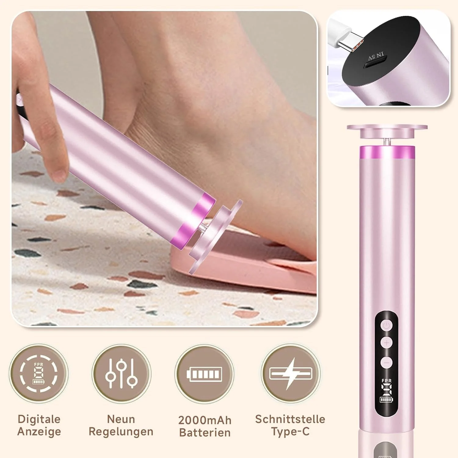 2-in-1 Electric Callus Remover for Feet, 9 Speeds Adjustable with Battery Indicator, Callus Removal Foot Pedicure Set with Sanding Disc for Dry and Cracked People (Pink)