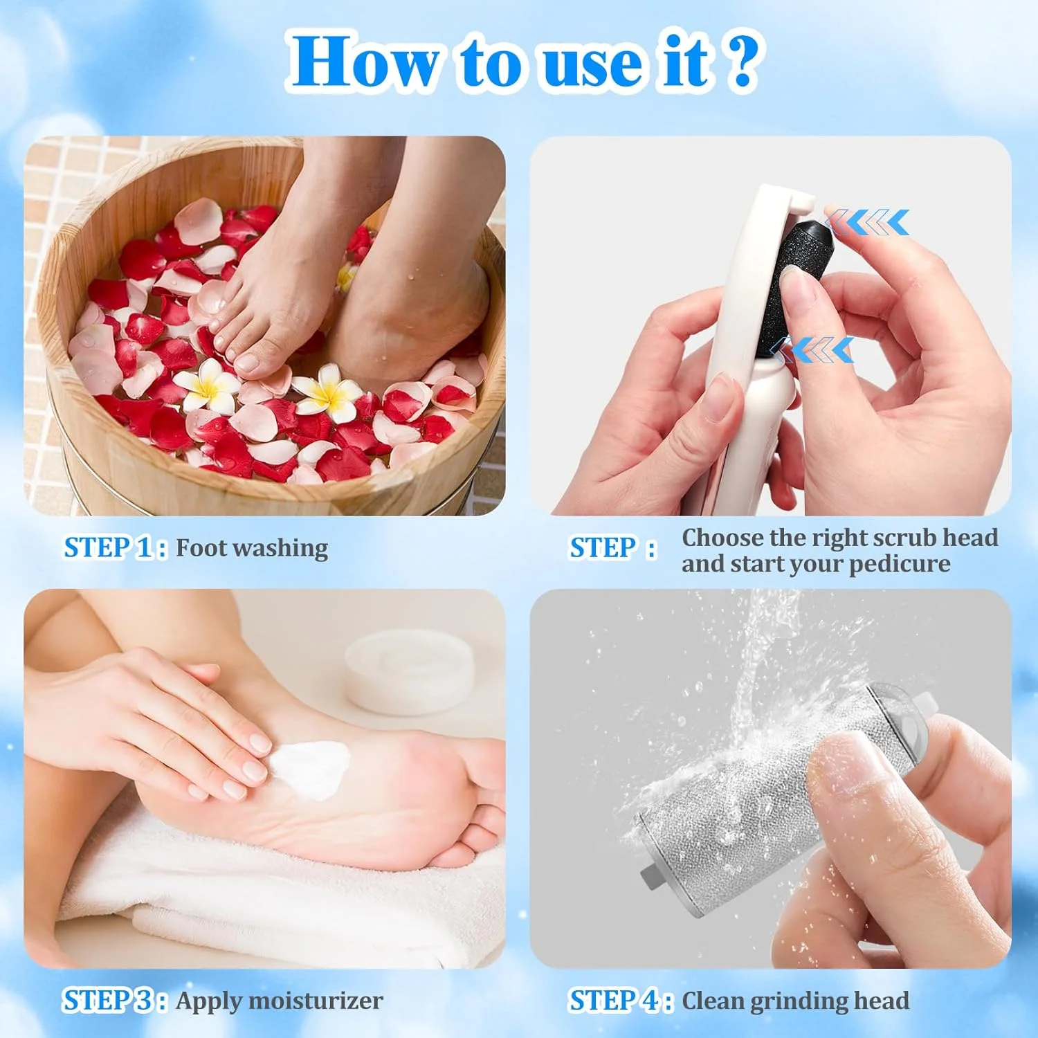 سوهان برقی پینه پا، سوهان برقی پا، دارای کابل شارژ USB، 4 سوهان قابل تعویض، ست پدیکور، مراقبت از پا، برقی، 3 سرعت، سفید