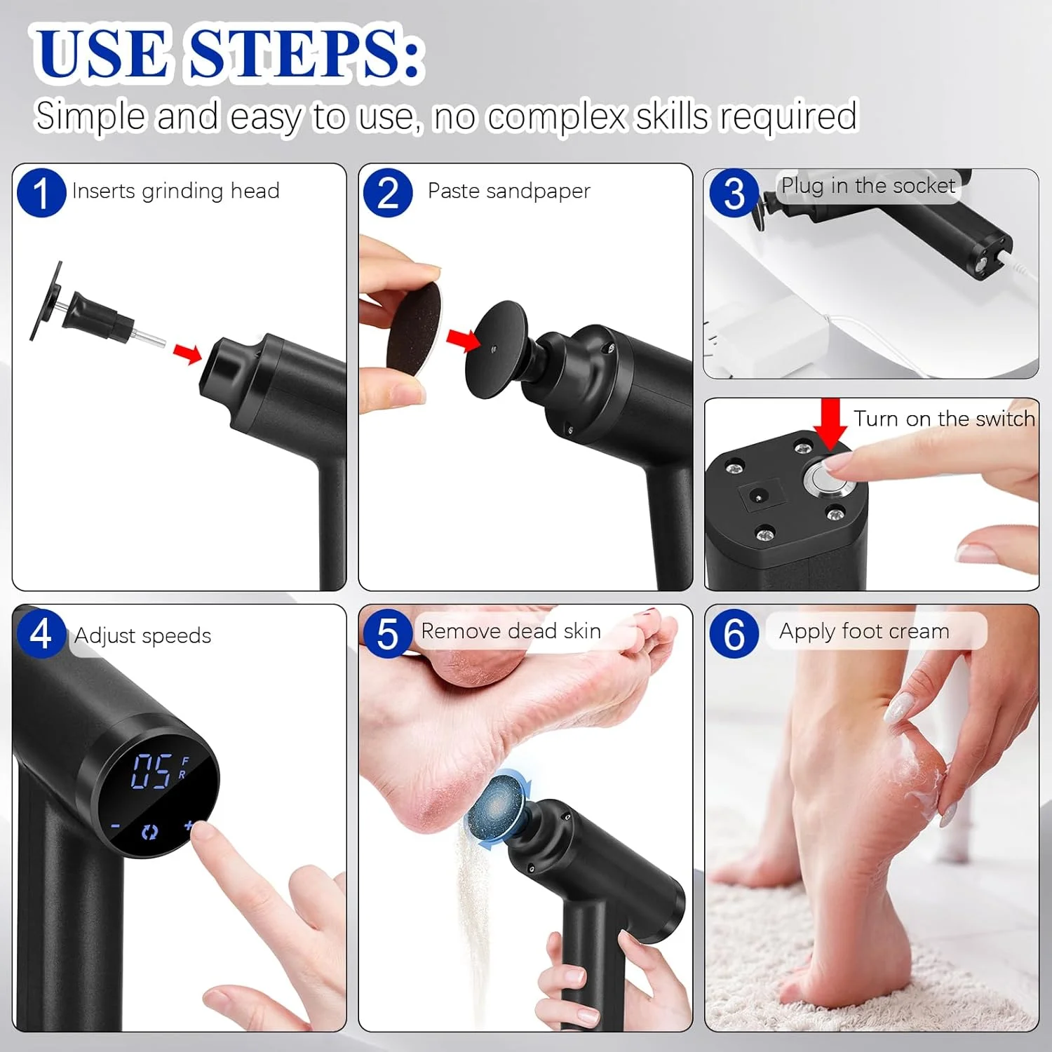 Electric Foot File Feet Hard Skin Remover, Adjustable Speed 4500rpm, Professional Electric Callus Remover Foot Sander for Women Men Dry Dead Skin Remover, Black