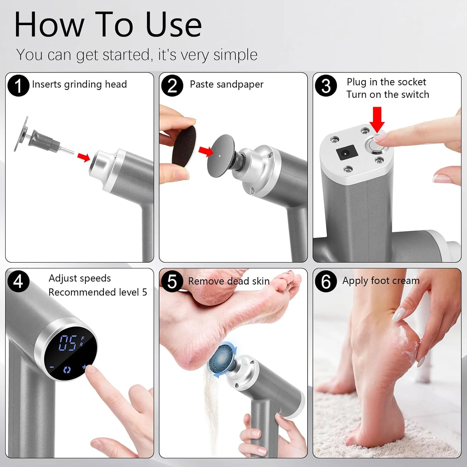 Electric Foot File Feet Hard Skin Remover 4500RPM, Adjustable Speed Foot Sander, Professional Electric Callus Remover for Women Men Calluses Dry Dead Skin Cracked Heel, Gray