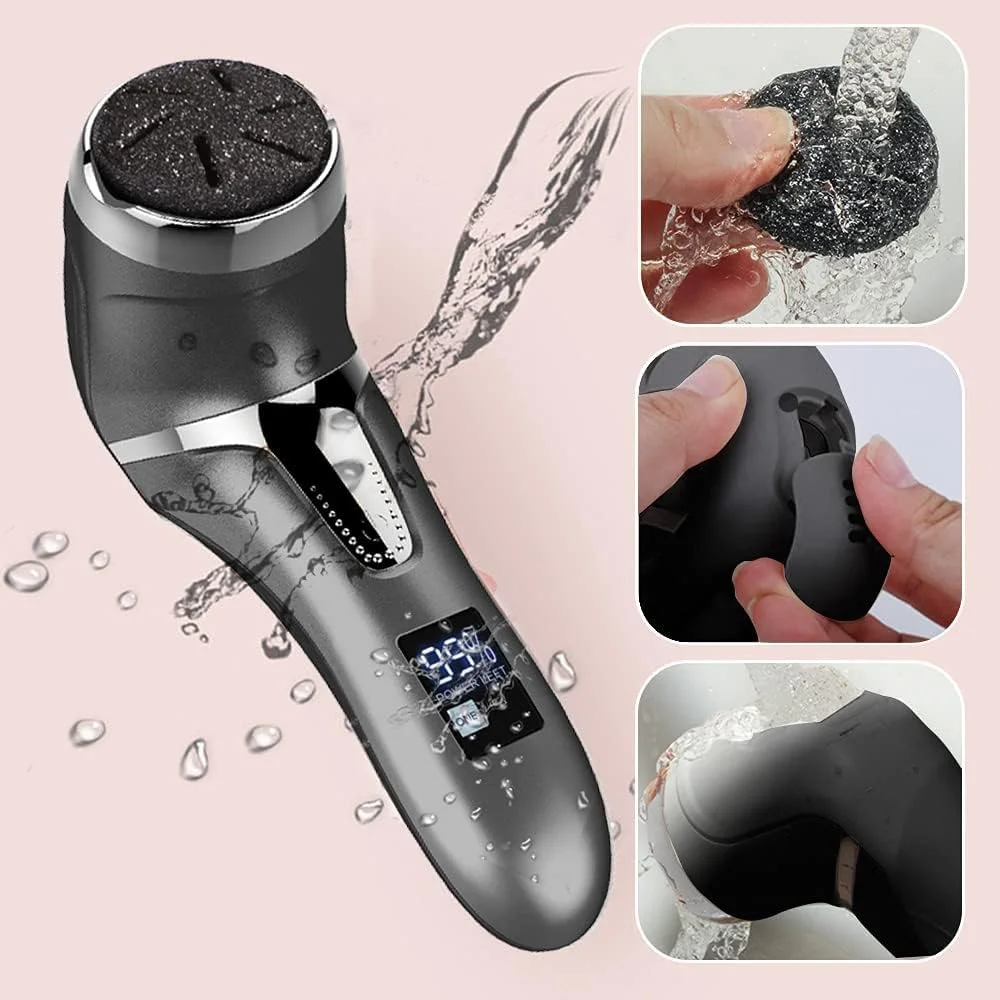 سوهان برقی پا، دستگاه حذف کننده پوست سفت شارژی، سنگ پا ضد آب برای پاشنه های ترک خورده، پینه ها و پوست های مرده با 3 سری سنگ زنی، 2 سرعت و 1 برس، نمایشگر باتری مدل MT-510 مشکی