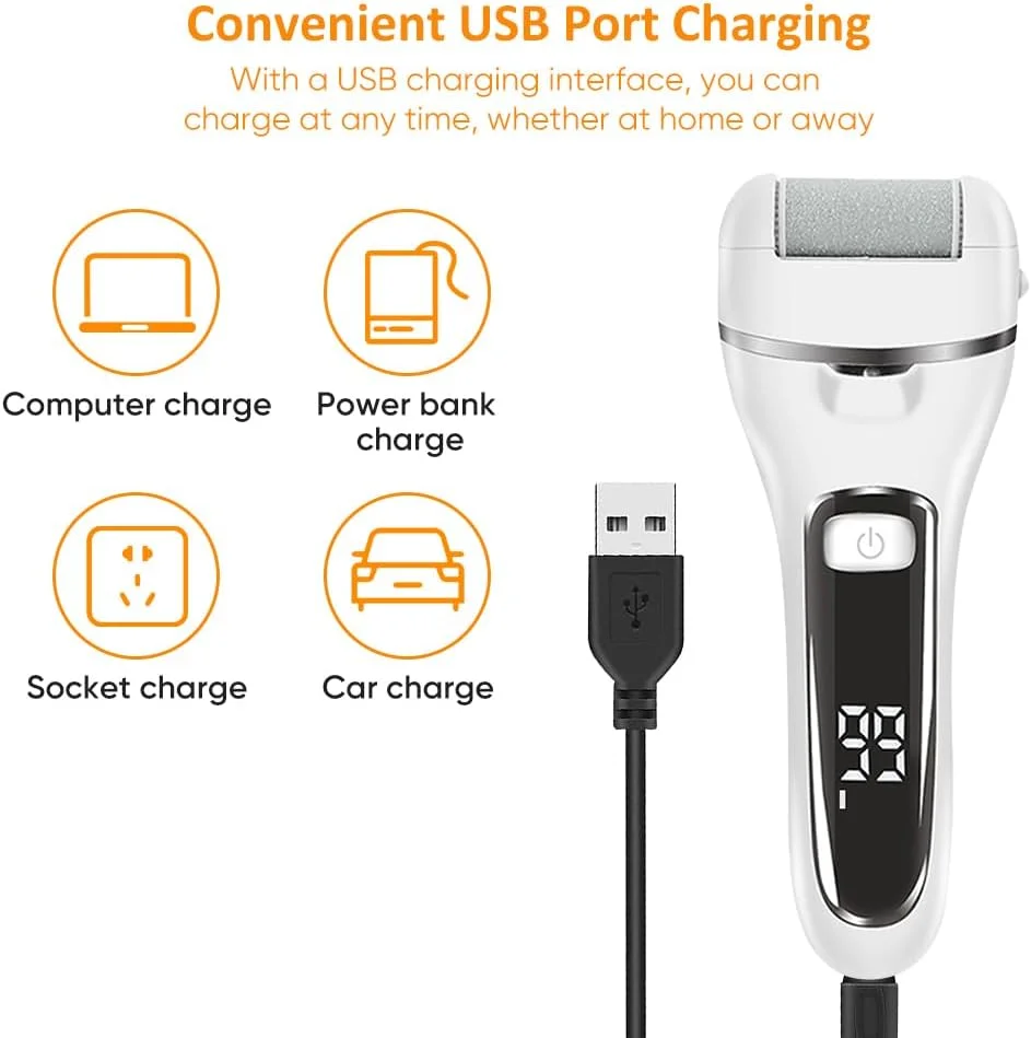 سوهان برقی پدیکور پا | سوهان برقی شارژی پا، اسکرابر برقی پا | ست پدیکور 18 تکه برای پاشنه های ترک خورده و پوست مرده با 3 سری غلتکی از کوانتوم لوکس (سفید الماسی)