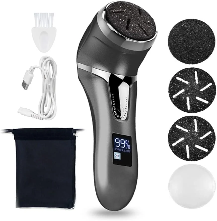 سوهان برقی پا، دستگاه حذف کننده پوست سفت شارژی، سنگ پا ضد آب برای پاشنه های ترک خورده، پینه ها و پوست های مرده با 3 سری سنگ زنی، 2 سرعت و 1 برس، نمایشگر باتری مدل MT-510 مشکی