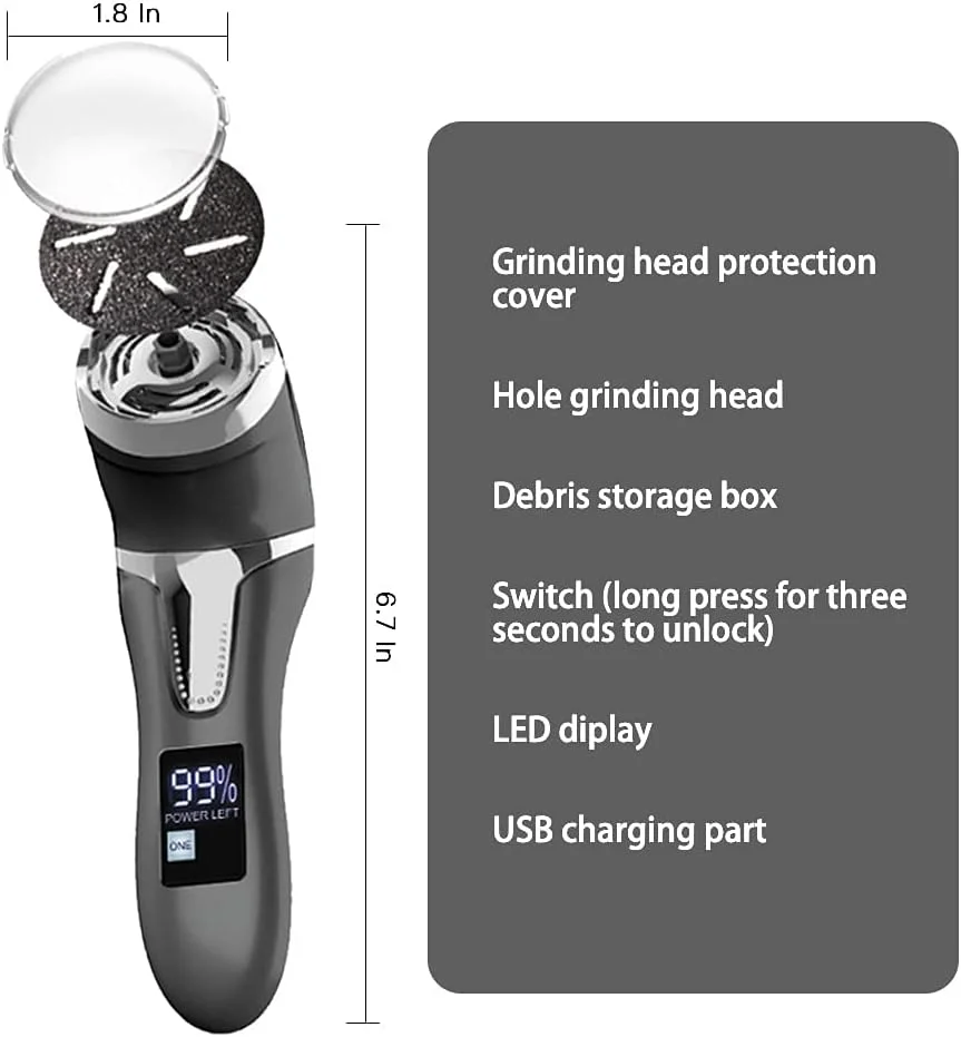 سوهان برقی پا، دستگاه حذف کننده پوست سفت شارژی، سنگ پا ضد آب برای پاشنه های ترک خورده، پینه ها و پوست های مرده با 3 سری سنگ زنی، 2 سرعت و 1 برس، نمایشگر باتری مدل MT-510 مشکی