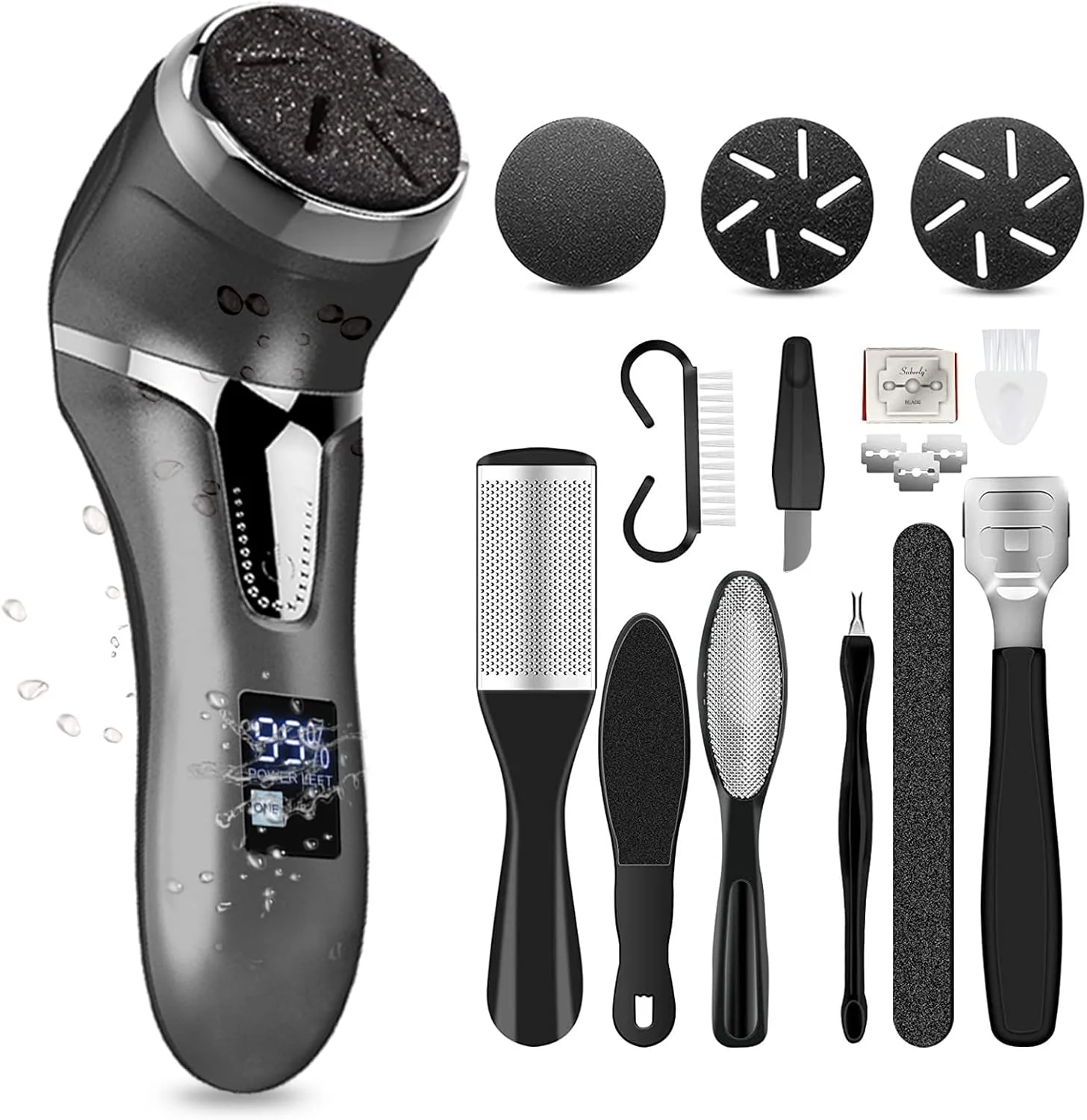 سوهان برقی پا، دستگاه حذف کننده پوست سفت شارژی، سنگ پا ضد آب برای پاشنه های ترک خورده، پینه ها و پوست های مرده با 3 سری سنگ زنی، 2 سرعت و 1 برس، نمایشگر باتری مدل MT-510 مشکی