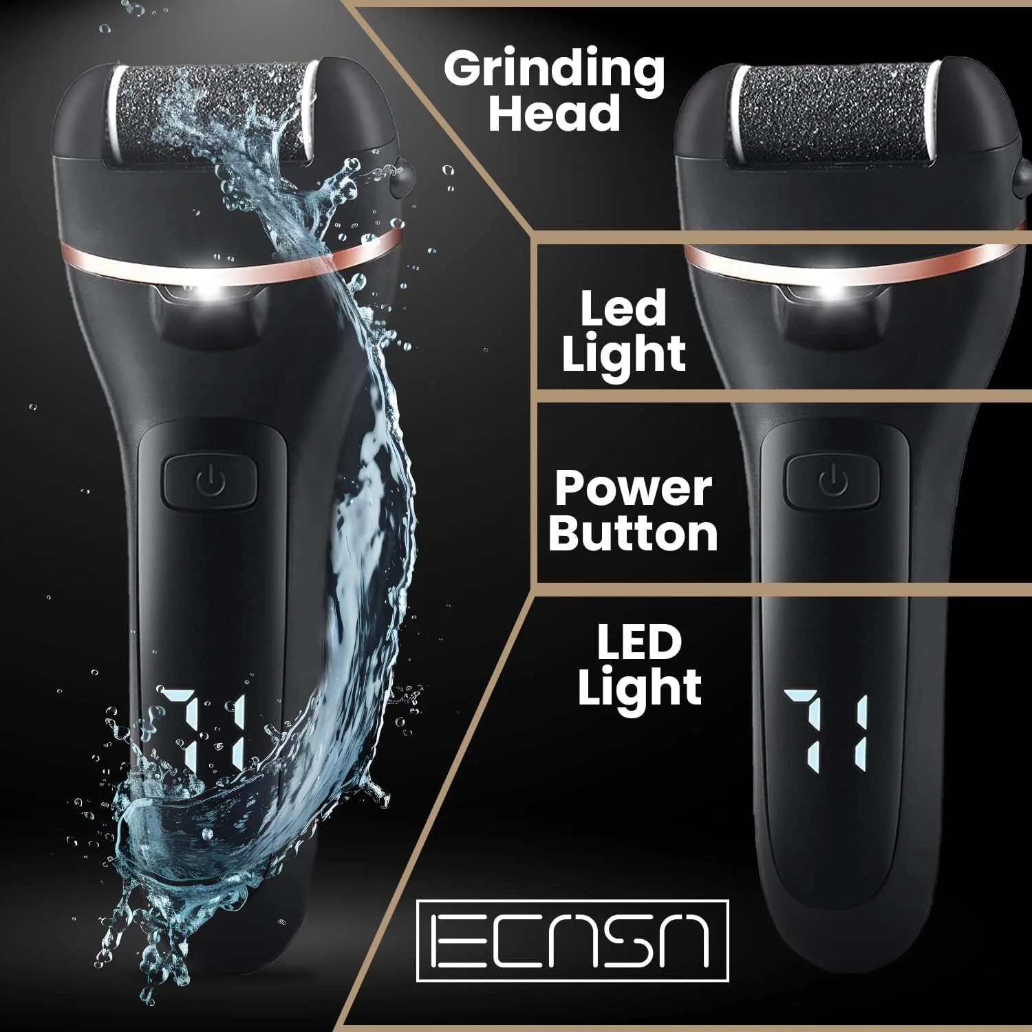 سوهان برقی پدیکور پا ECASA™، از بین برنده پوست سفت و ترک پا، کیت حرفه ای ضد آب 14 در 1 برای پاشنه های ترک خورده، پینه و پوست مرده با 3 غلتک و 2 سرعت