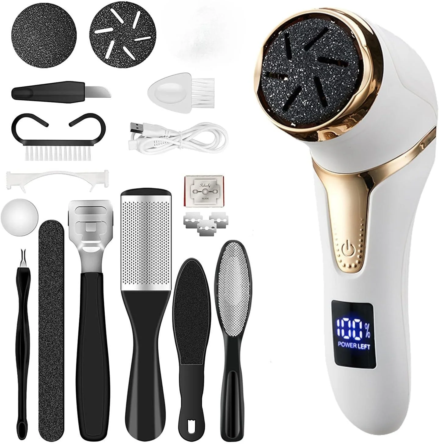 سوهان برقی پا (همراه با جاروبرقی پوست مرده)، کوارتز، ابزار پدیکور شارژی پا، سوهان پا، کیت مراقبت حرفه ای پا، از بین برنده پوست مرده با 3 سری و 2 سرعت، نمایشگر LCD