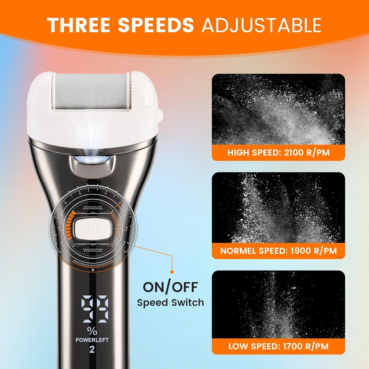 سوهان برقی پا، کیت پدیکور الکترونیکی قابل حمل شارژی، 3 سری غلتکی، 3 سرعت، نمایشگر باتری برای از بین بردن پینه ها، ترک پاشنه پا و پوست مرده (BCM-1852)