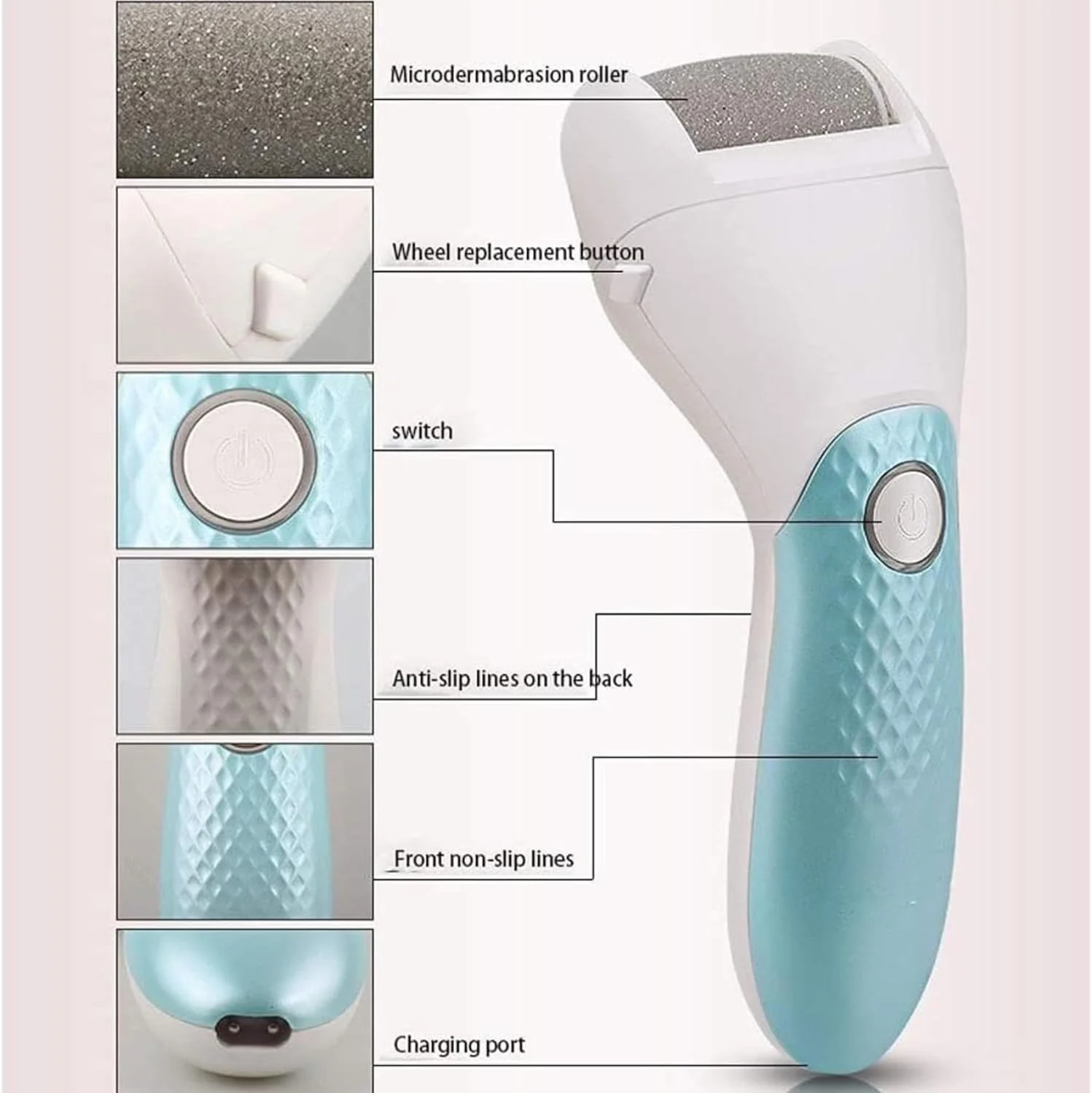 سوهان برقی پا از بین برنده پوست سفت و پینه پا، فایل برقی پا قابل شارژ، از بین برنده پوست مرده پا، کیت پدیکور برقی، مراقبت حرفه ای پا با 2 سری غلتکی، 1 برس تمیز کننده و کابل USB