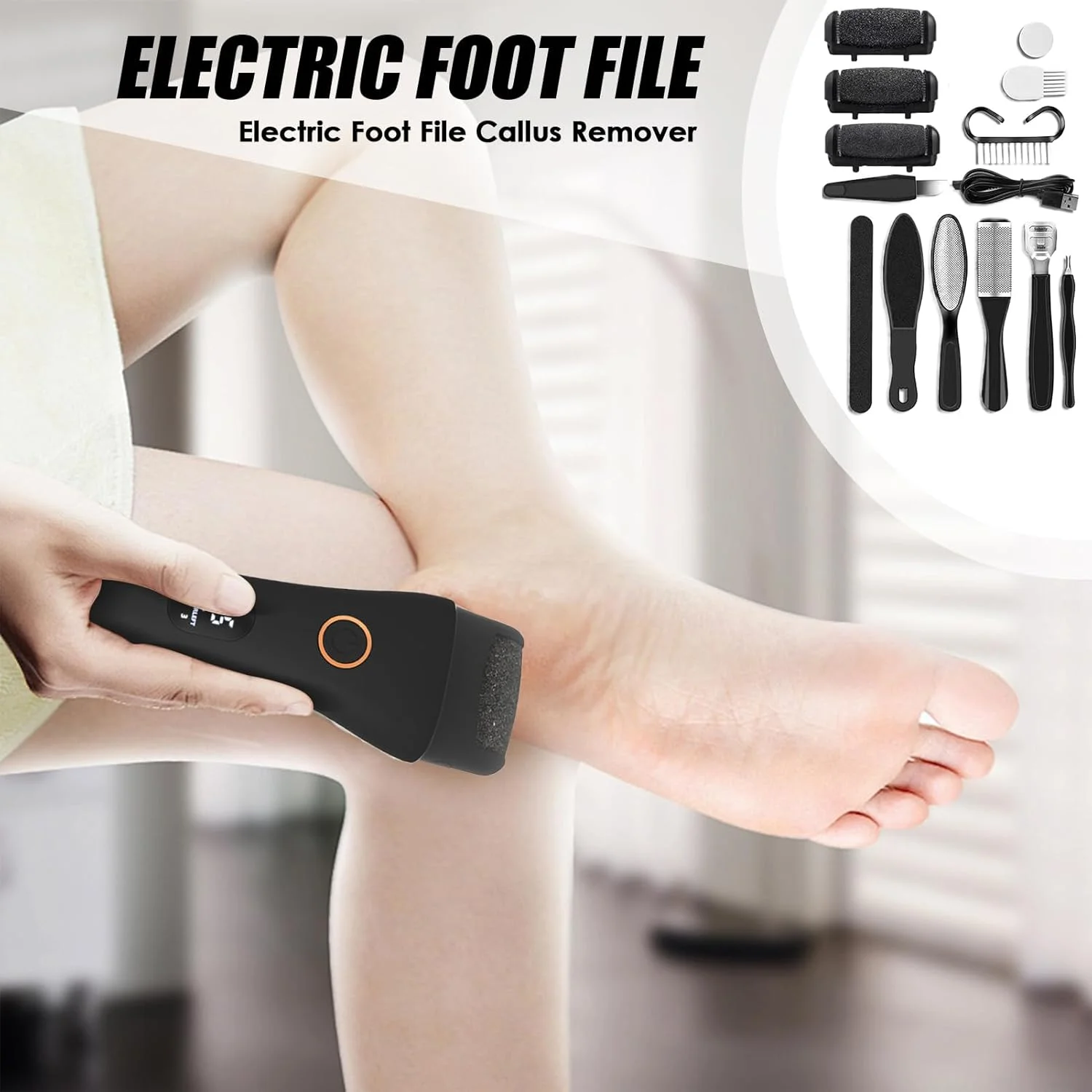 سوهان برقی پا، از بین برنده پینه پا | سنگ پا برقی قابل شارژ، سنگین، قابل حمل برای مانیکور، پدیکور، مسافرت، سالن، اسپا، حمام