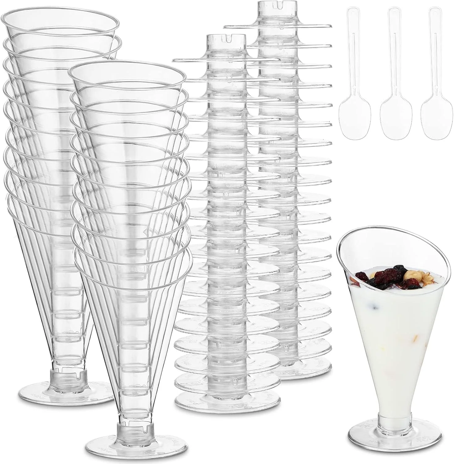 ست 50 تایی مینی جام دسر KASTWAVE با قاشق، لیوان پلاستیکی 120 میلی لیتری برای مهمانی ها، عروسی ها، رویدادها، دورهمی های خانگی، سرو و تست