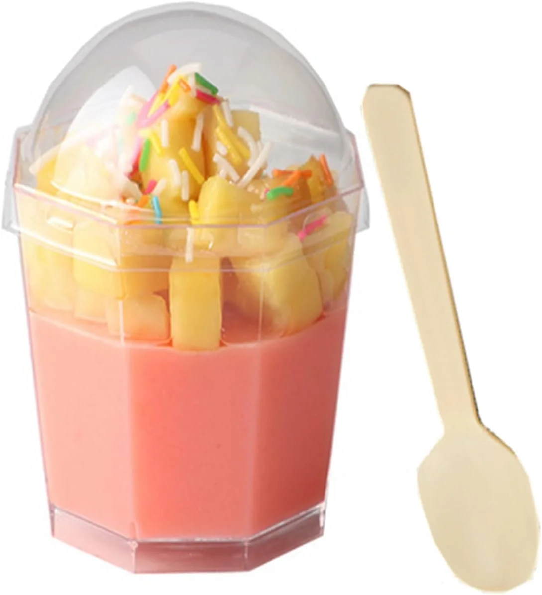 ظروف دسر KASTWAVE، بسته 25 عددی ظروف دسر پلاستیکی شفاف 6 اونسی، کاسه های کوچک هشت ضلعی، فنجان های پیش غذا قابل استفاده مجدد با 25 قاشق و درب، فنجان دسر برای دسر با موس پودینگ