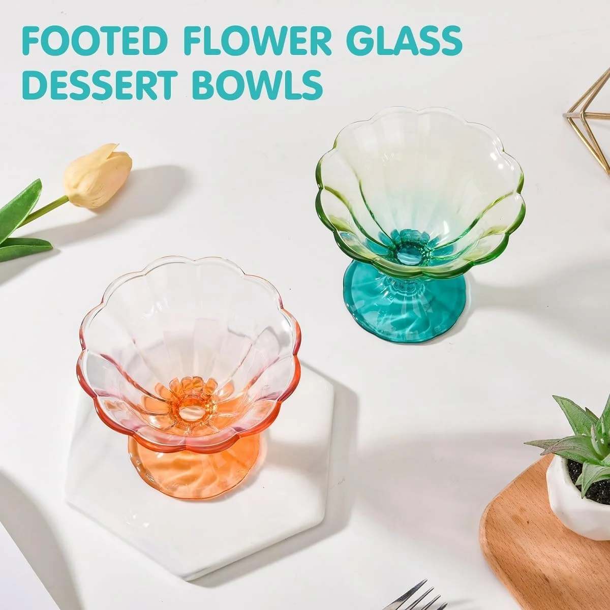 ست 2 عددی کاسه دسر شیشه ای پایه سنگین تزئینی KASTWAVE، 300 میلی لیتر - ایده آل برای بستنی، سانده، آبنبات و تنقلات، طراحی مدرن سبز-نارنجی