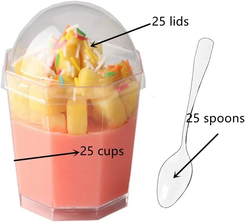 ظروف دسر KASTWAVE، بسته 25 عددی ظروف دسر پلاستیکی شفاف 6 اونسی، کاسه های کوچک هشت ضلعی، فنجان های پیش غذا قابل استفاده مجدد با 25 قاشق و درب، فنجان دسر برای دسر با موس پودینگ