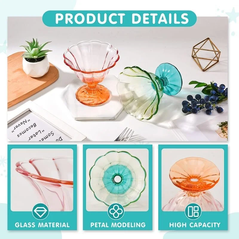 ست 2 عددی کاسه دسر شیشه ای پایه سنگین تزئینی KASTWAVE، 300 میلی لیتر - ایده آل برای بستنی، سانده، آبنبات و تنقلات، طراحی مدرن سبز-نارنجی